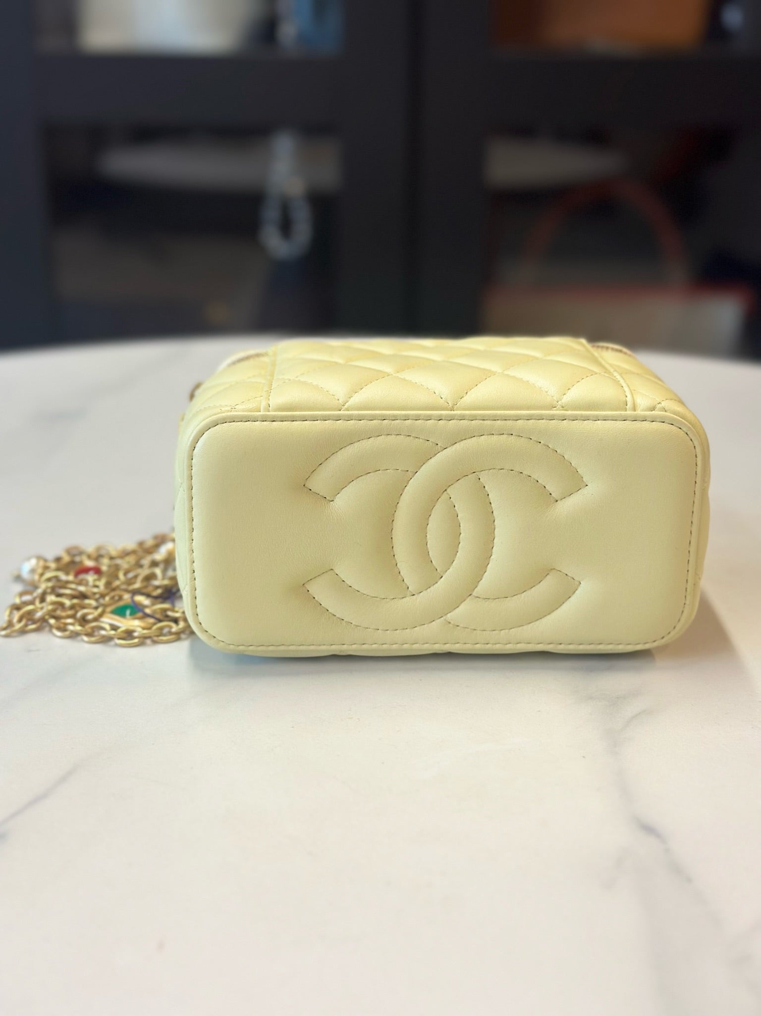CHANEL Vanity Case Matelasse Light Yellow Calfskin Vanity Bag