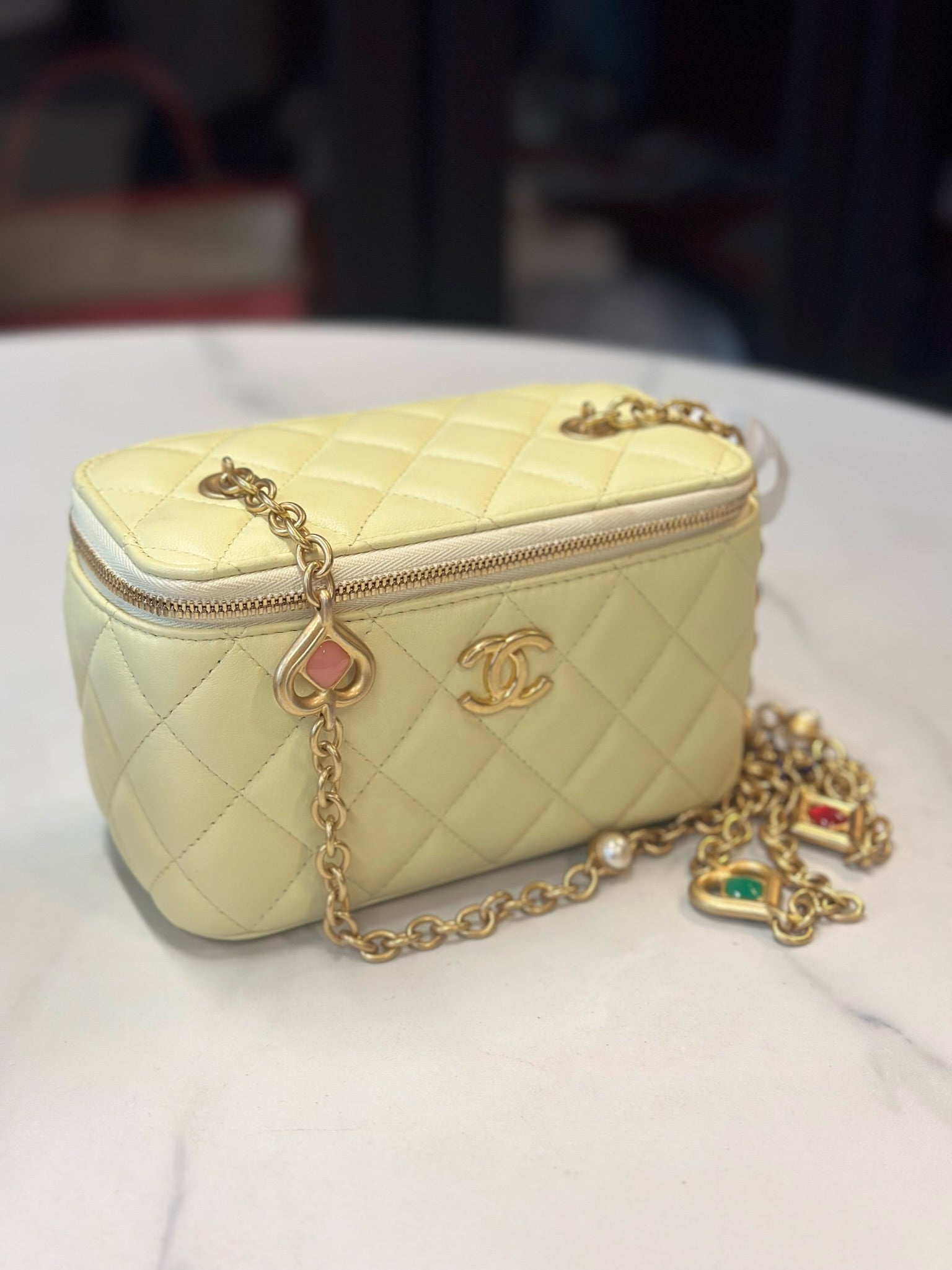 CHANEL Vanity Case Matelasse Light Yellow Calfskin Vanity Bag