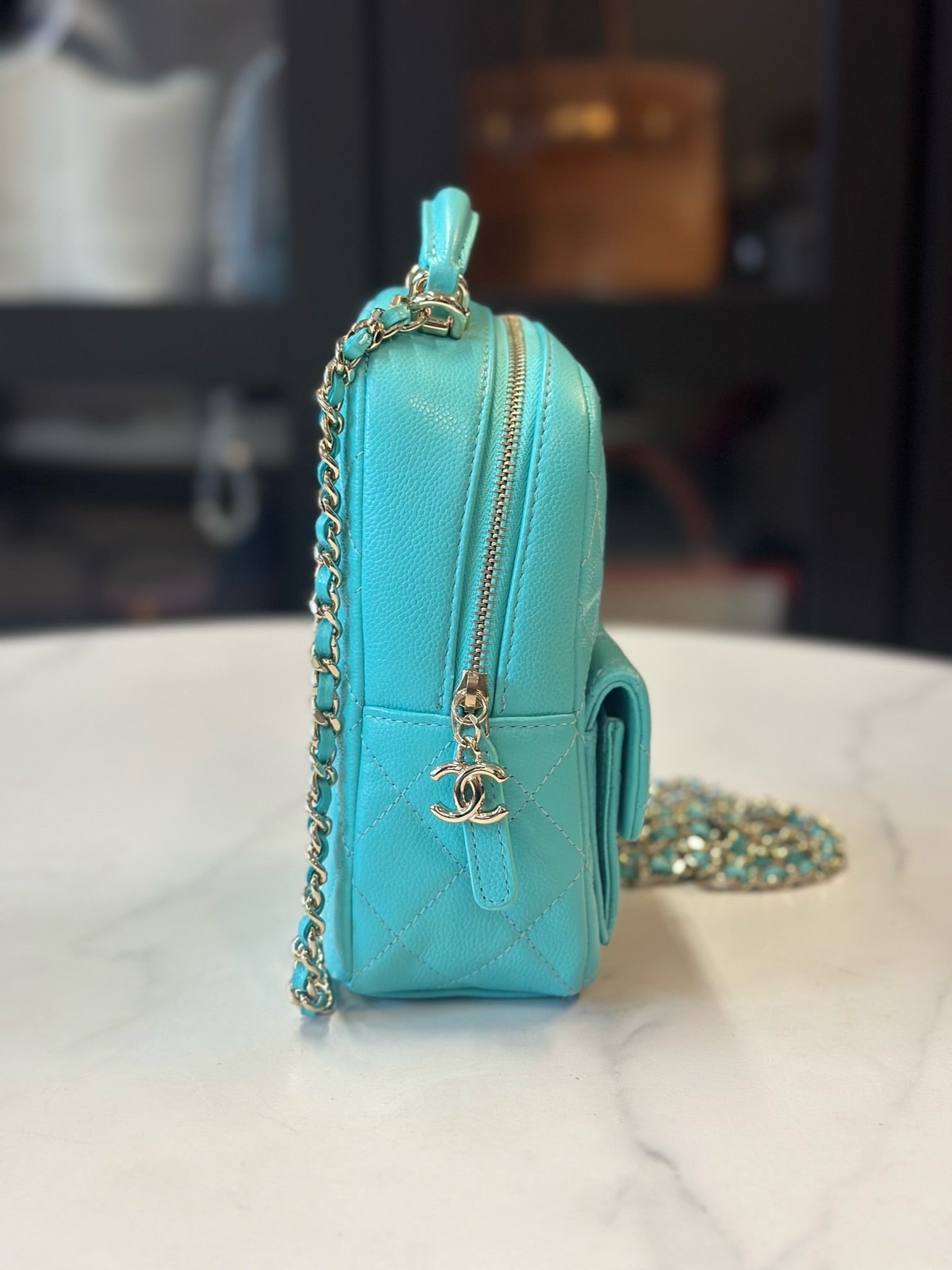 Chanel Caviar Skin Turquoise Mini Backpack Blue Leather