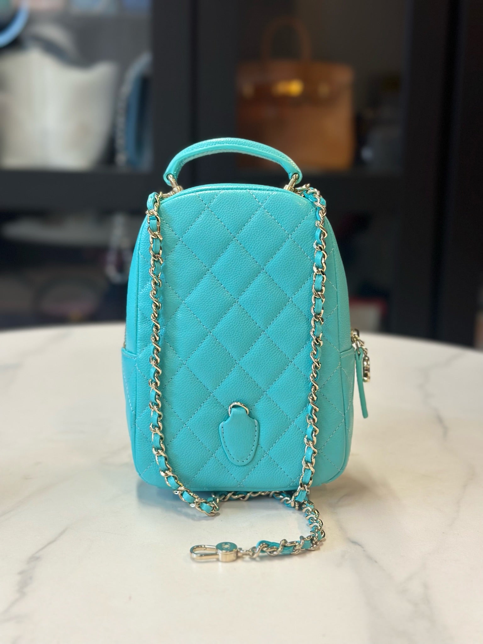 Chanel Caviar Skin Turquoise Mini Backpack Blue Leather