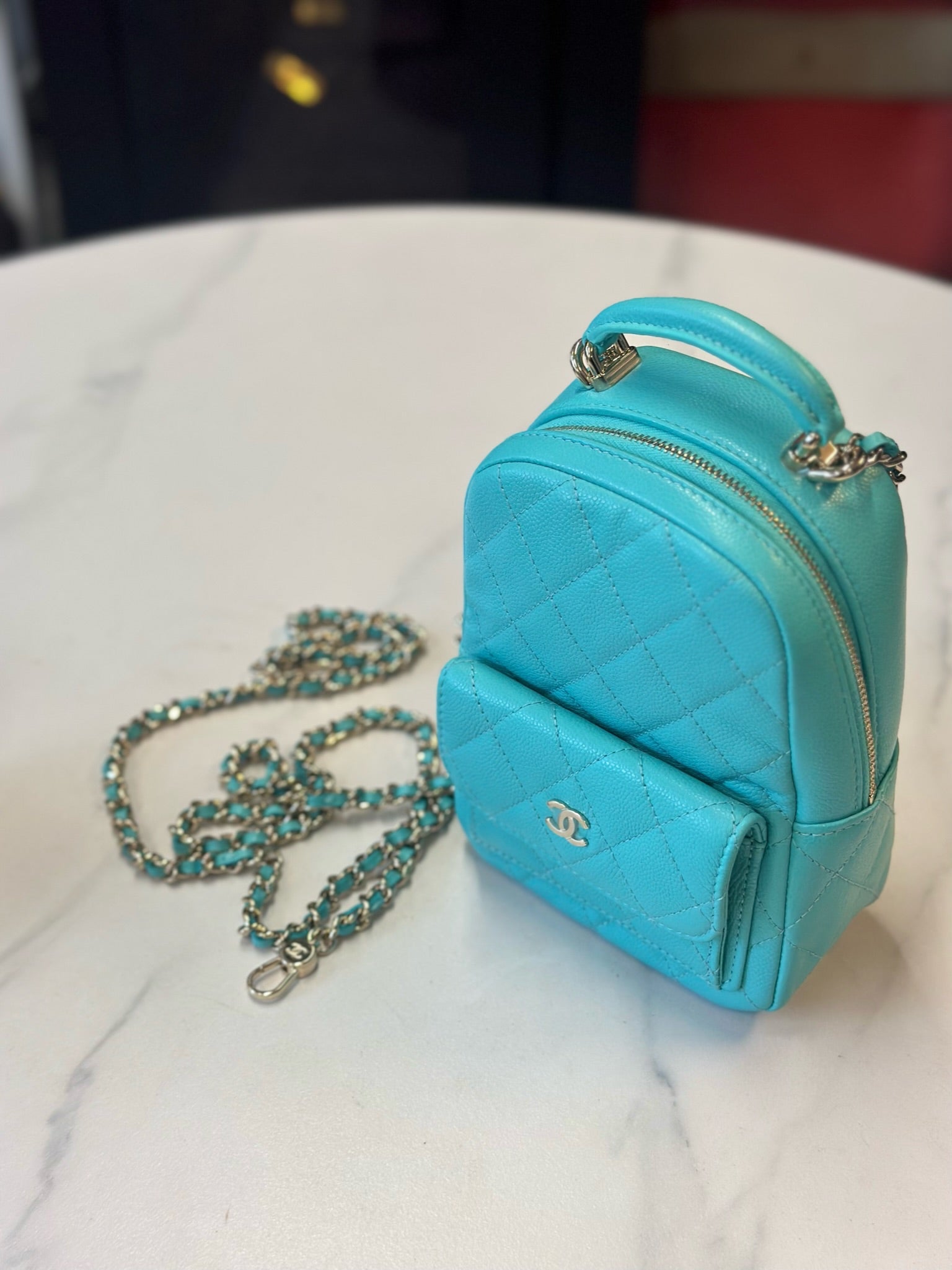 Chanel Caviar Skin Turquoise Mini Backpack Blue Leather