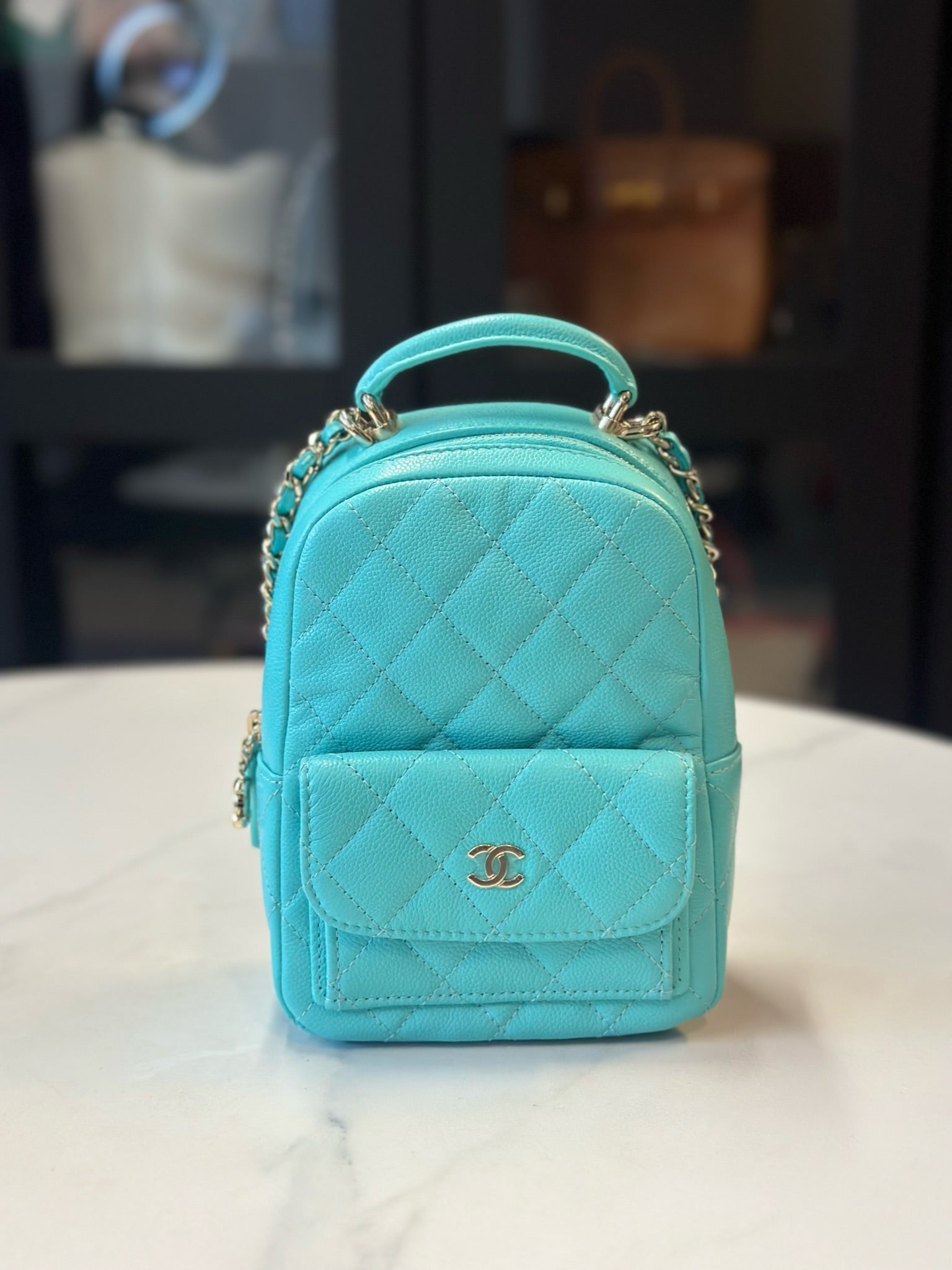Chanel Caviar Skin Turquoise Mini Backpack Blue Leather