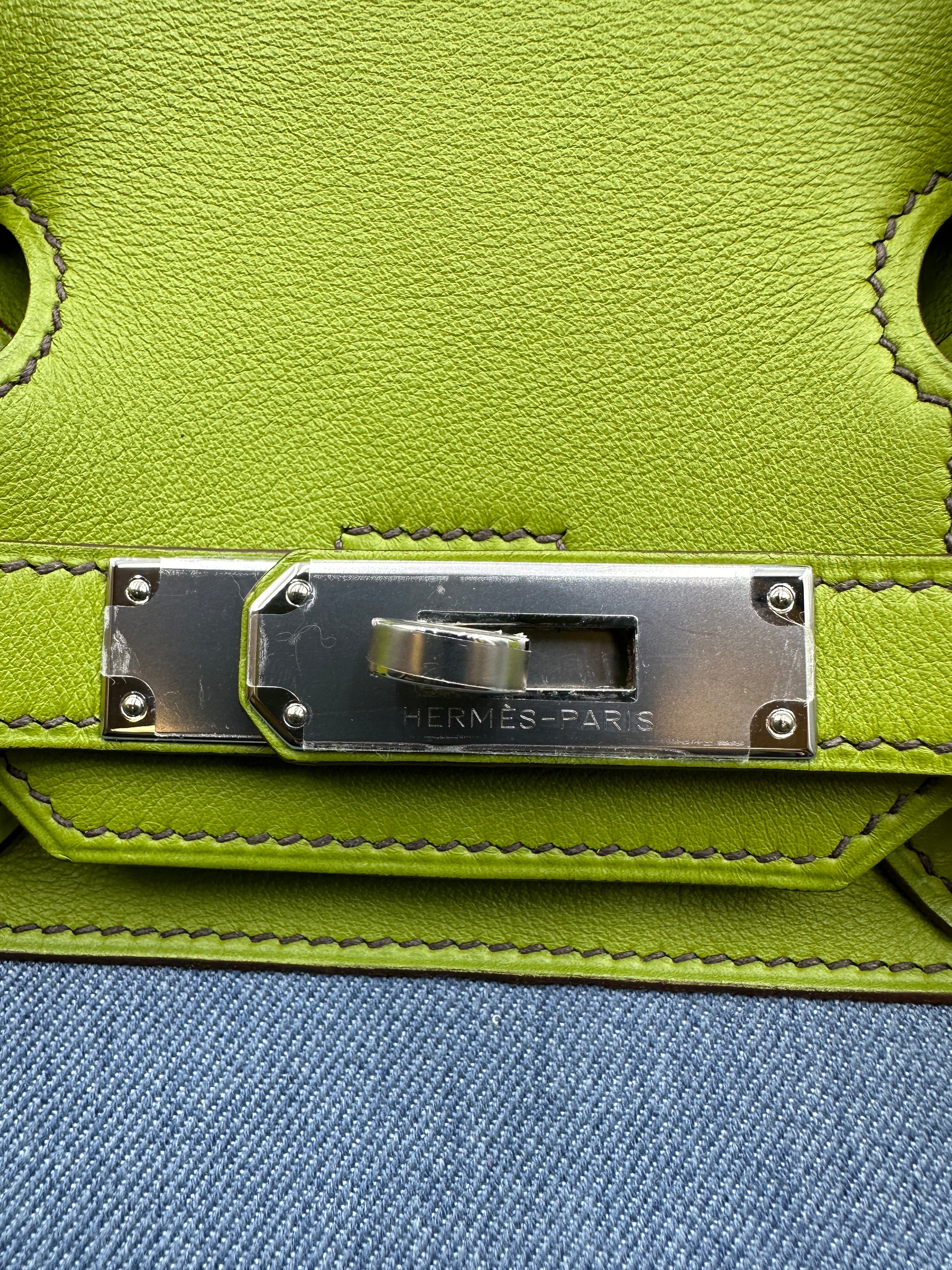 *LONDON LOCATED* PRELOVED HERMÈS BIRKIN 30CM VERT ANIS Swift Leather and Denim Toile with Palladium Hardware