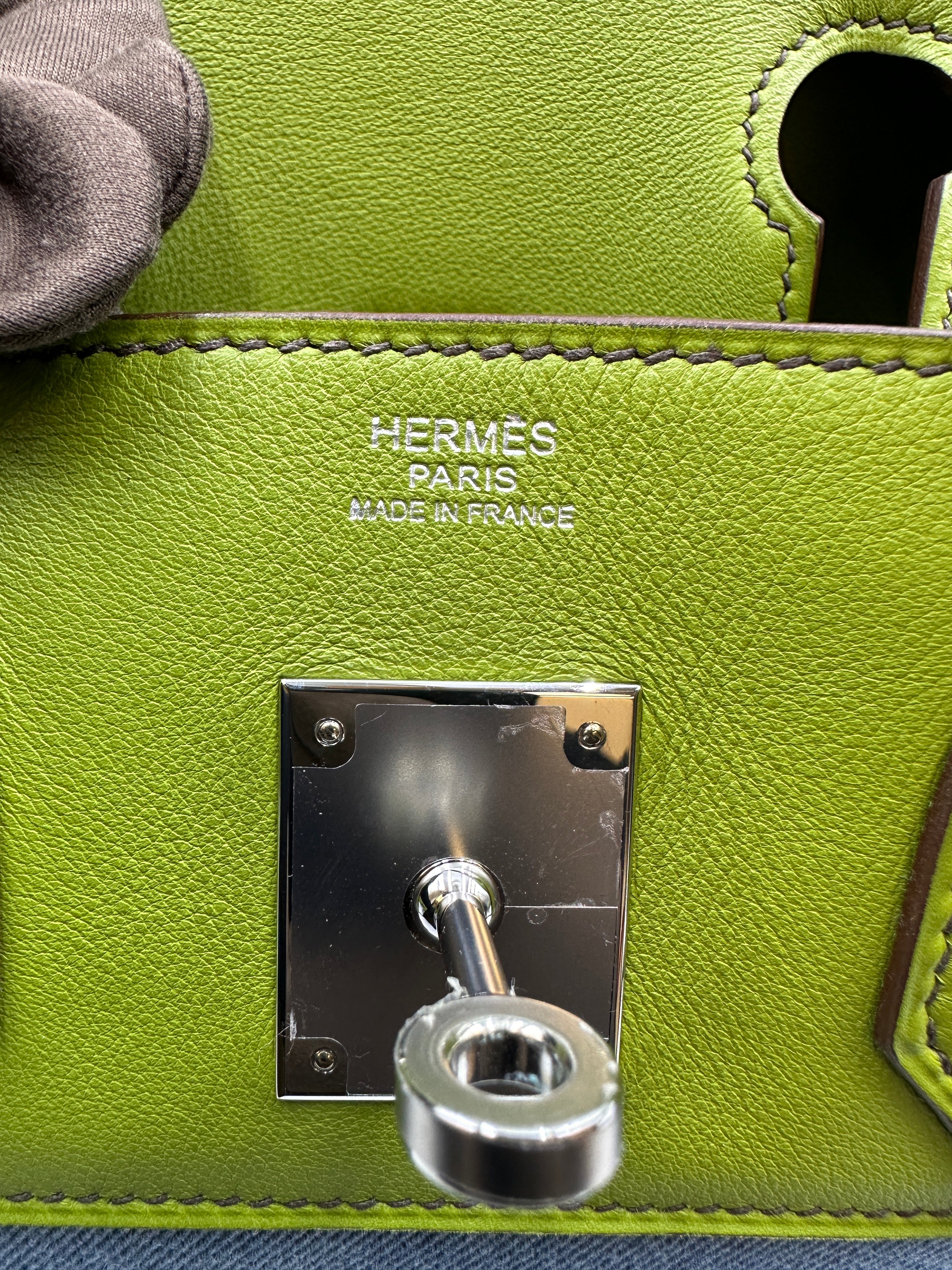 *LONDON LOCATED* PRELOVED HERMÈS BIRKIN 30CM VERT ANIS Swift Leather and Denim Toile with Palladium Hardware