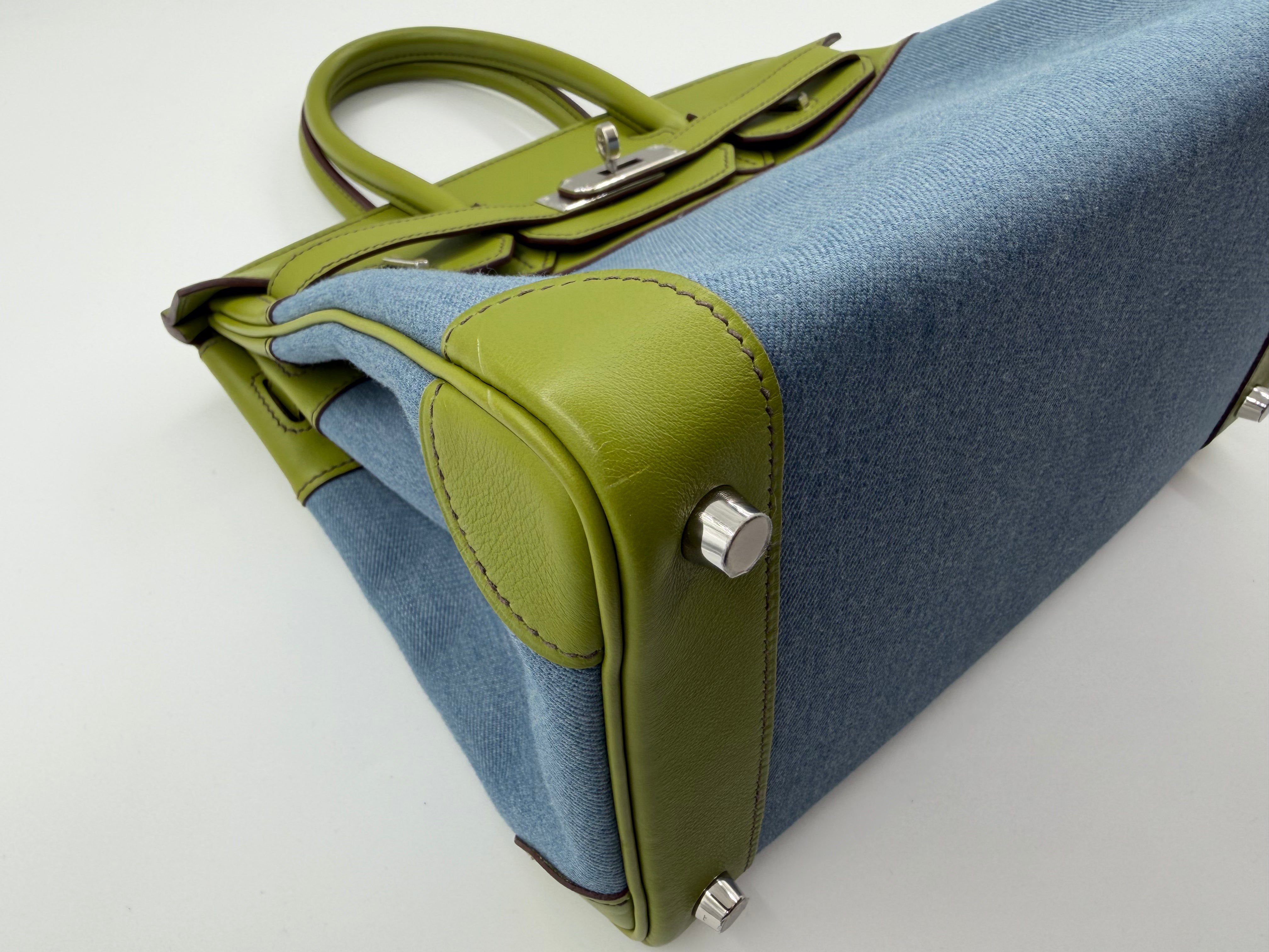 *LONDON LOCATED* PRELOVED HERMÈS BIRKIN 30CM VERT ANIS Swift Leather and Denim Toile with Palladium Hardware