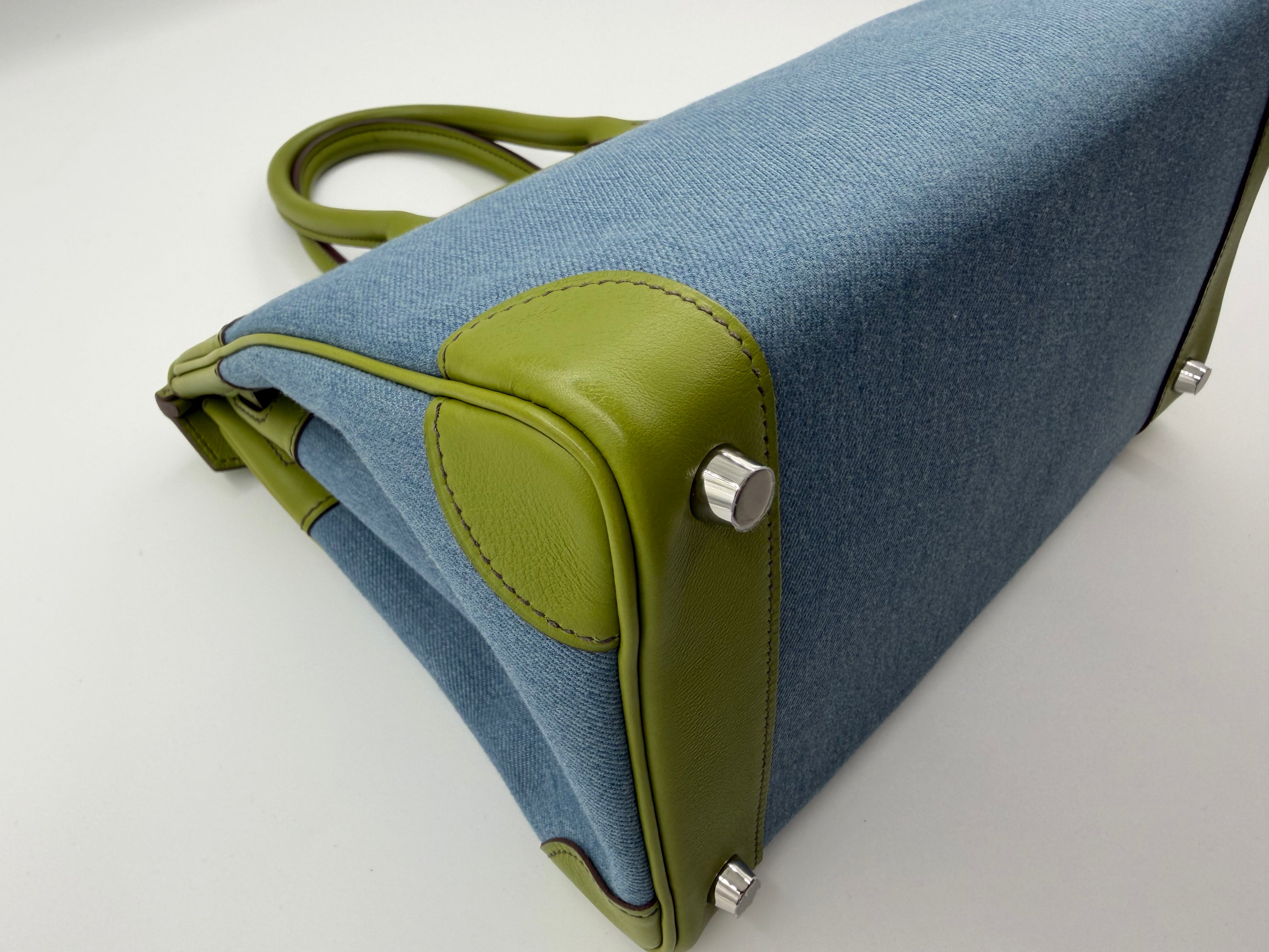 *LONDON LOCATED* PRELOVED HERMÈS BIRKIN 30CM VERT ANIS Swift Leather and Denim Toile with Palladium Hardware