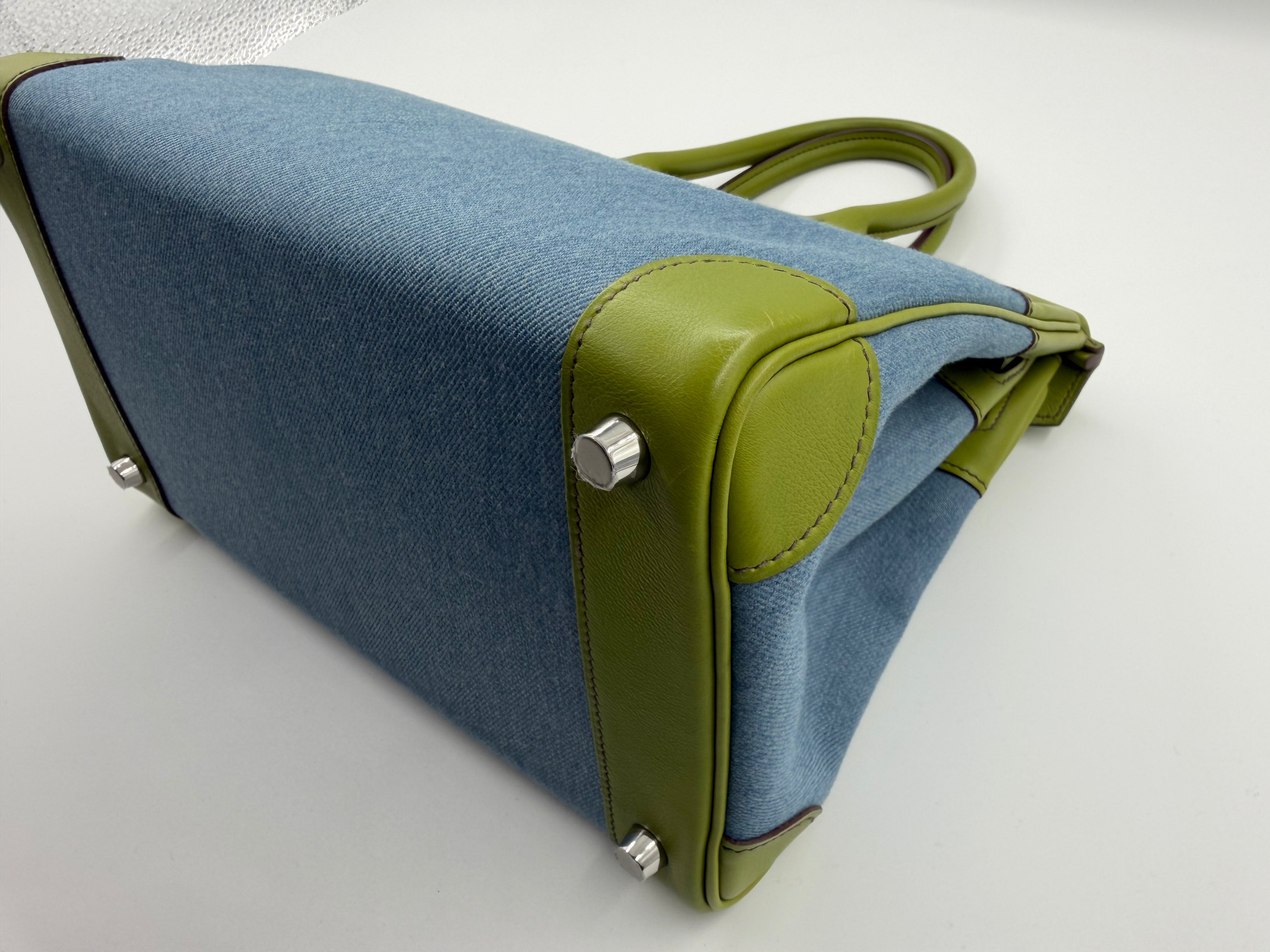 *LONDON LOCATED* PRELOVED HERMÈS BIRKIN 30CM VERT ANIS Swift Leather and Denim Toile with Palladium Hardware