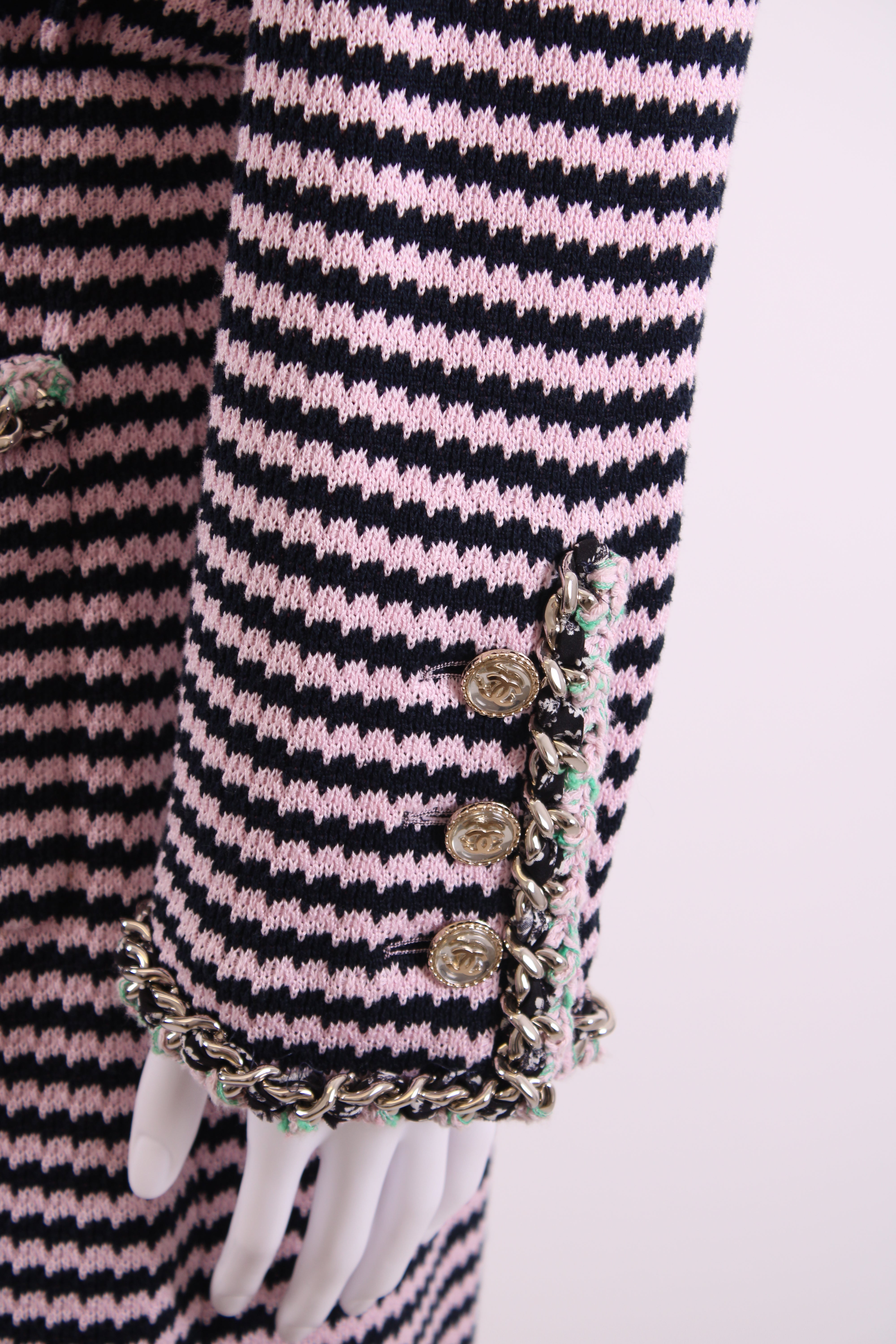 Chanel Knitted Dress with Chain Pocket Pink & Navy Stripe 38