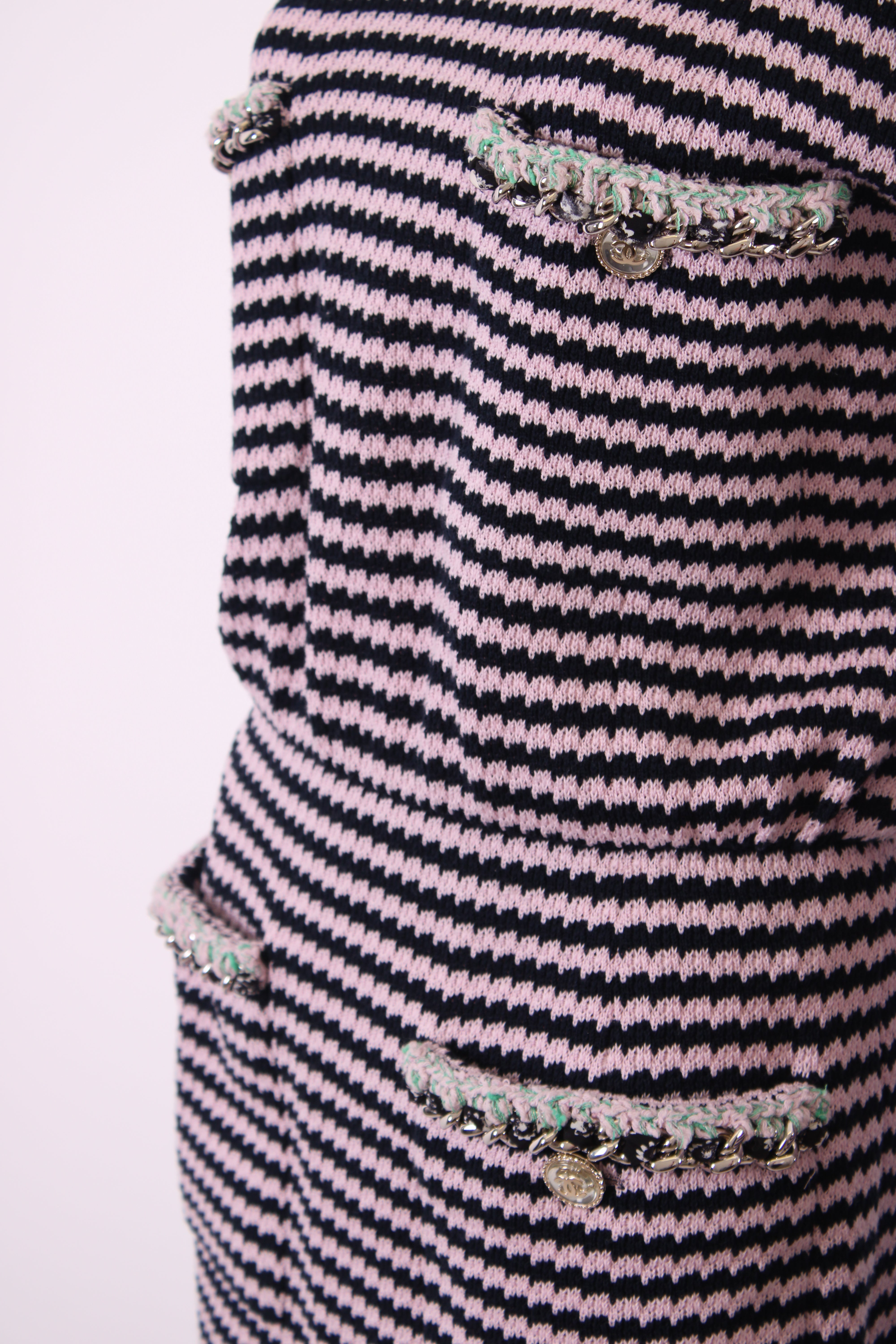 Chanel Knitted Dress with Chain Pocket Pink & Navy Stripe 38
