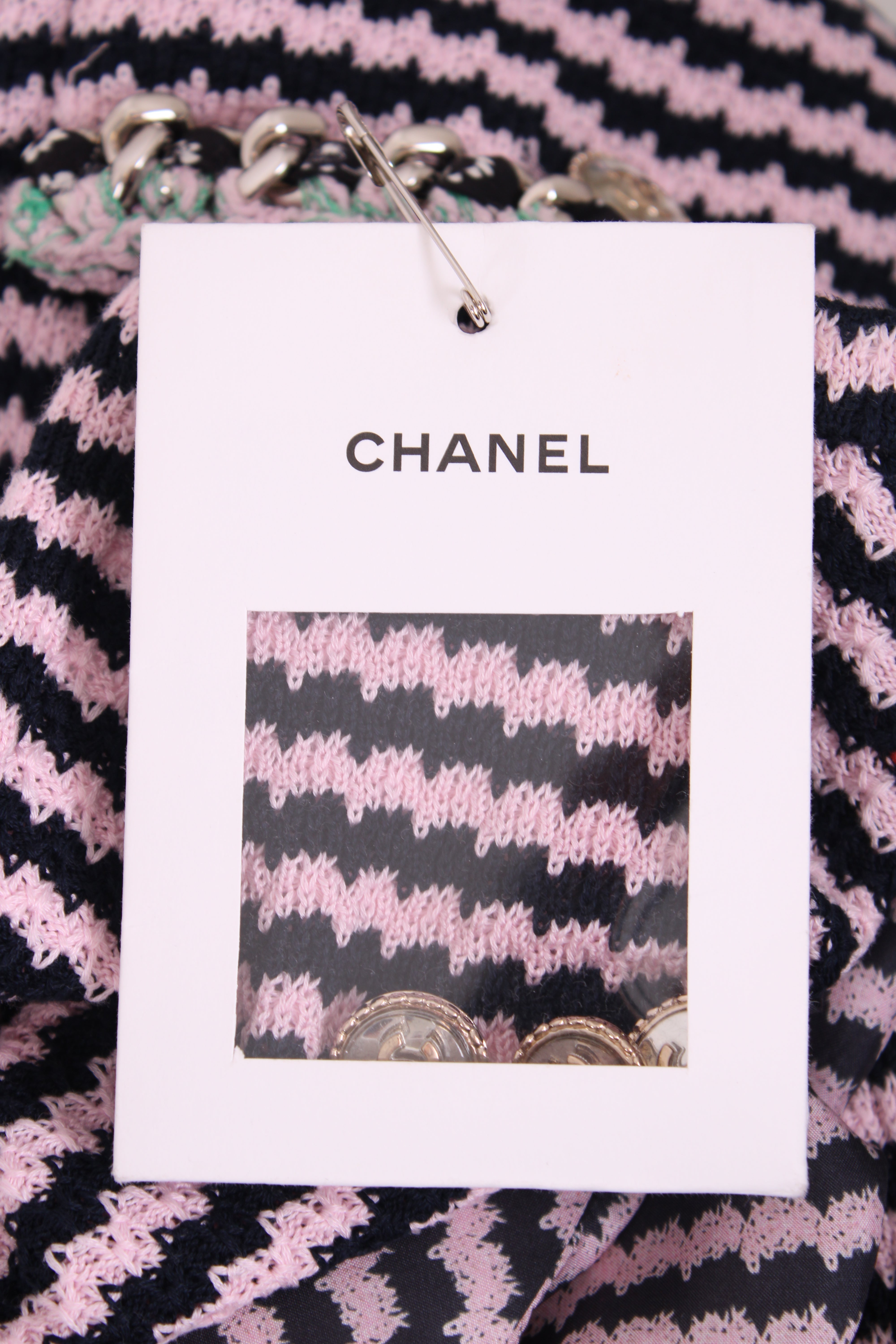Chanel Knitted Dress with Chain Pocket Pink & Navy Stripe 38
