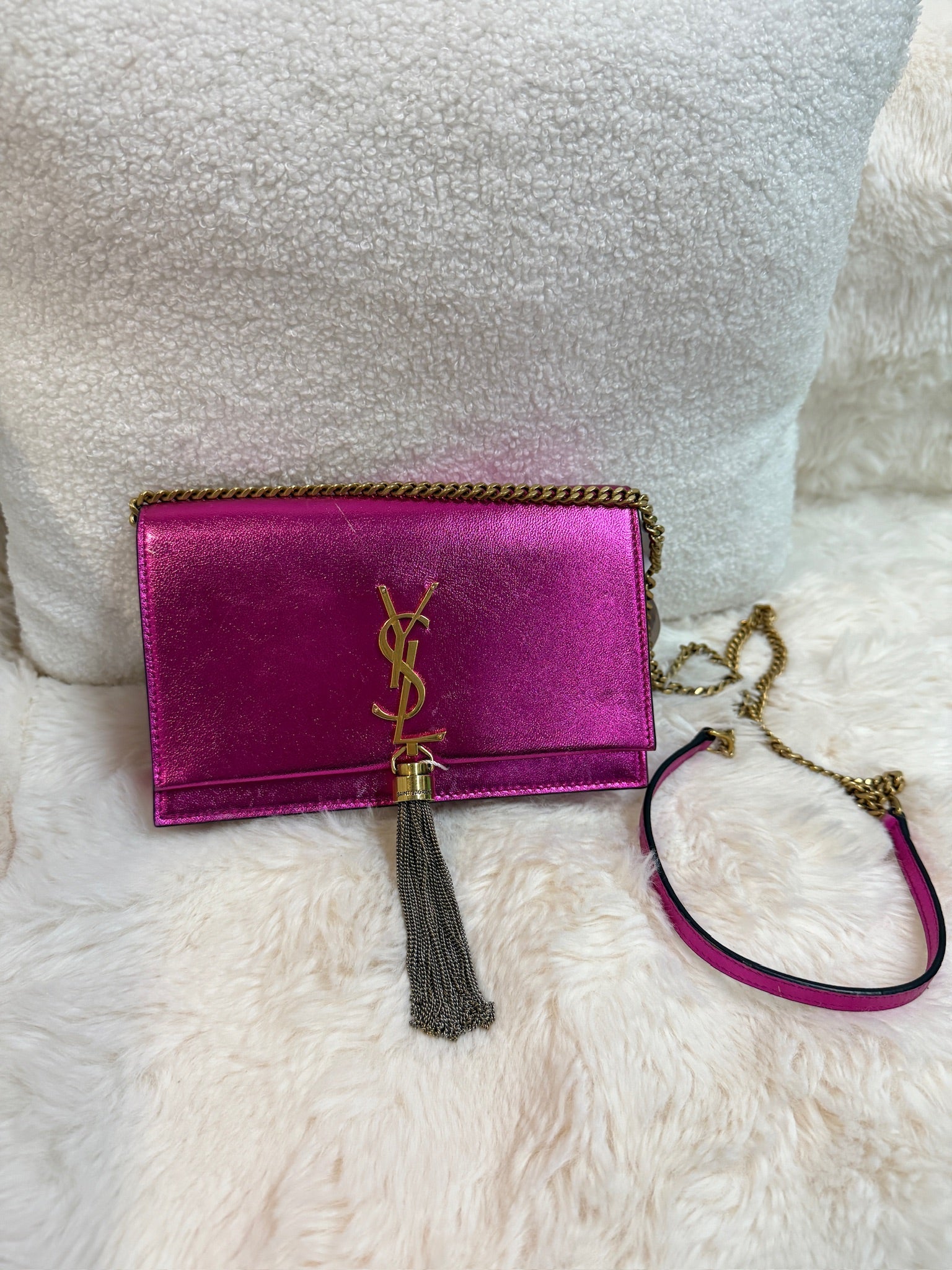 YSL Kate Tassel Chain Wallet – Metallic Fuchsia