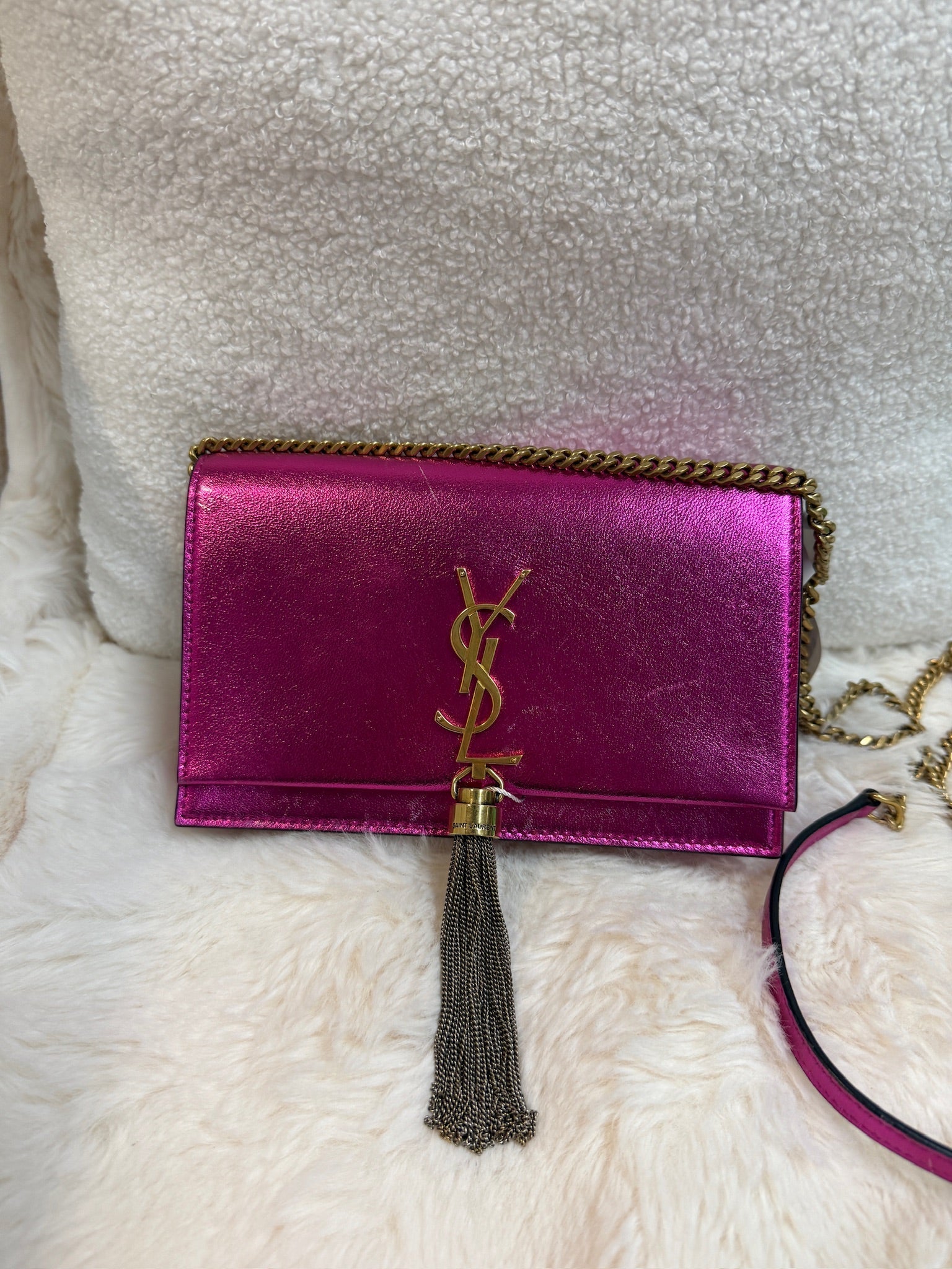 YSL Kate Tassel Chain Wallet – Metallic Fuchsia