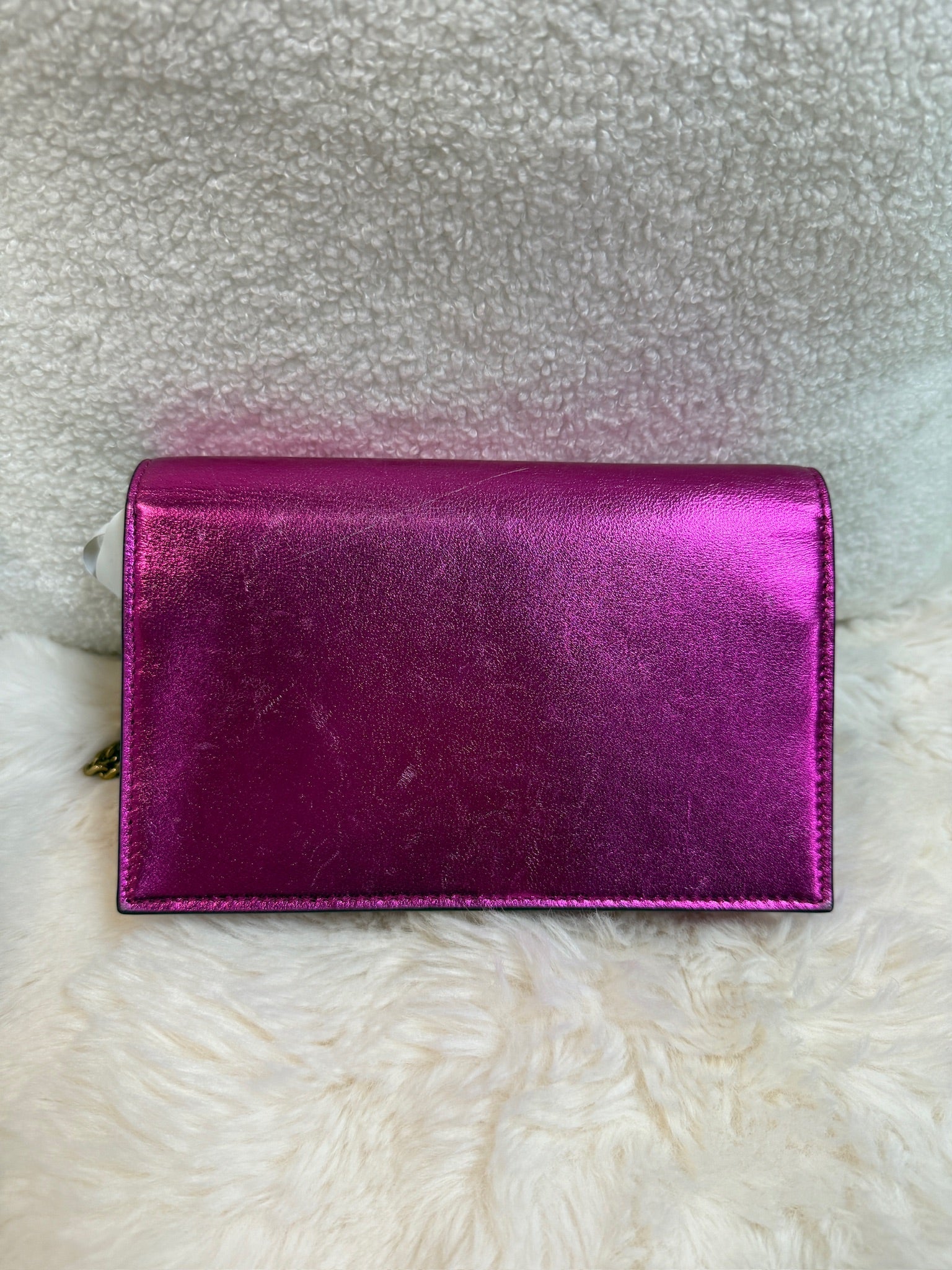 YSL Kate Tassel Chain Wallet – Metallic Fuchsia