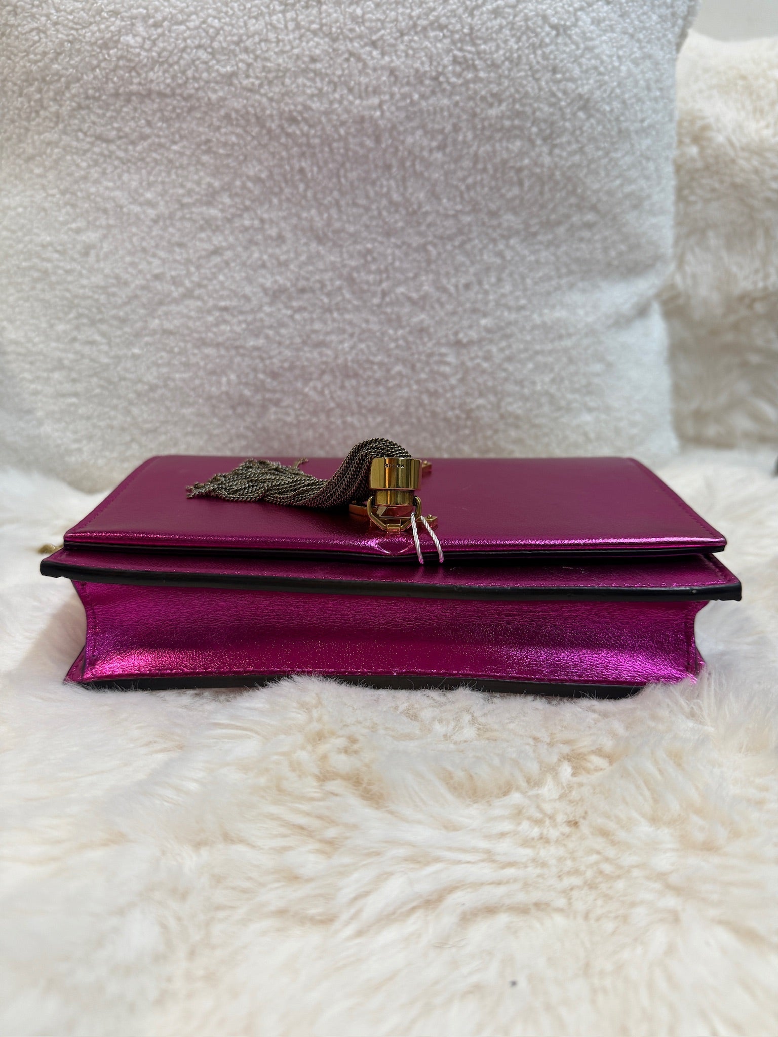 YSL Kate Tassel Chain Wallet – Metallic Fuchsia