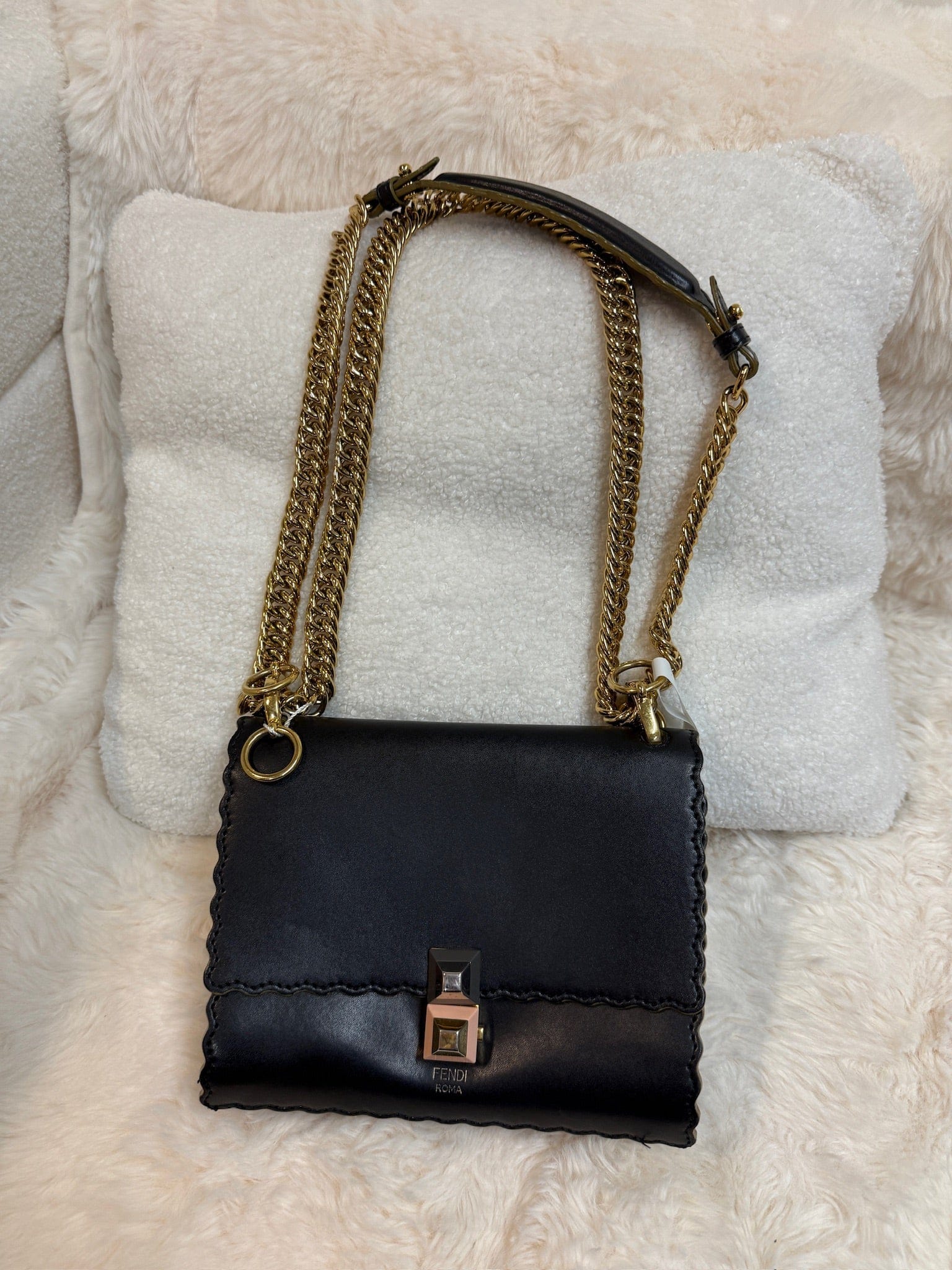 Fendi Kan I Leather Chain Bag – Black with Gold Hardware