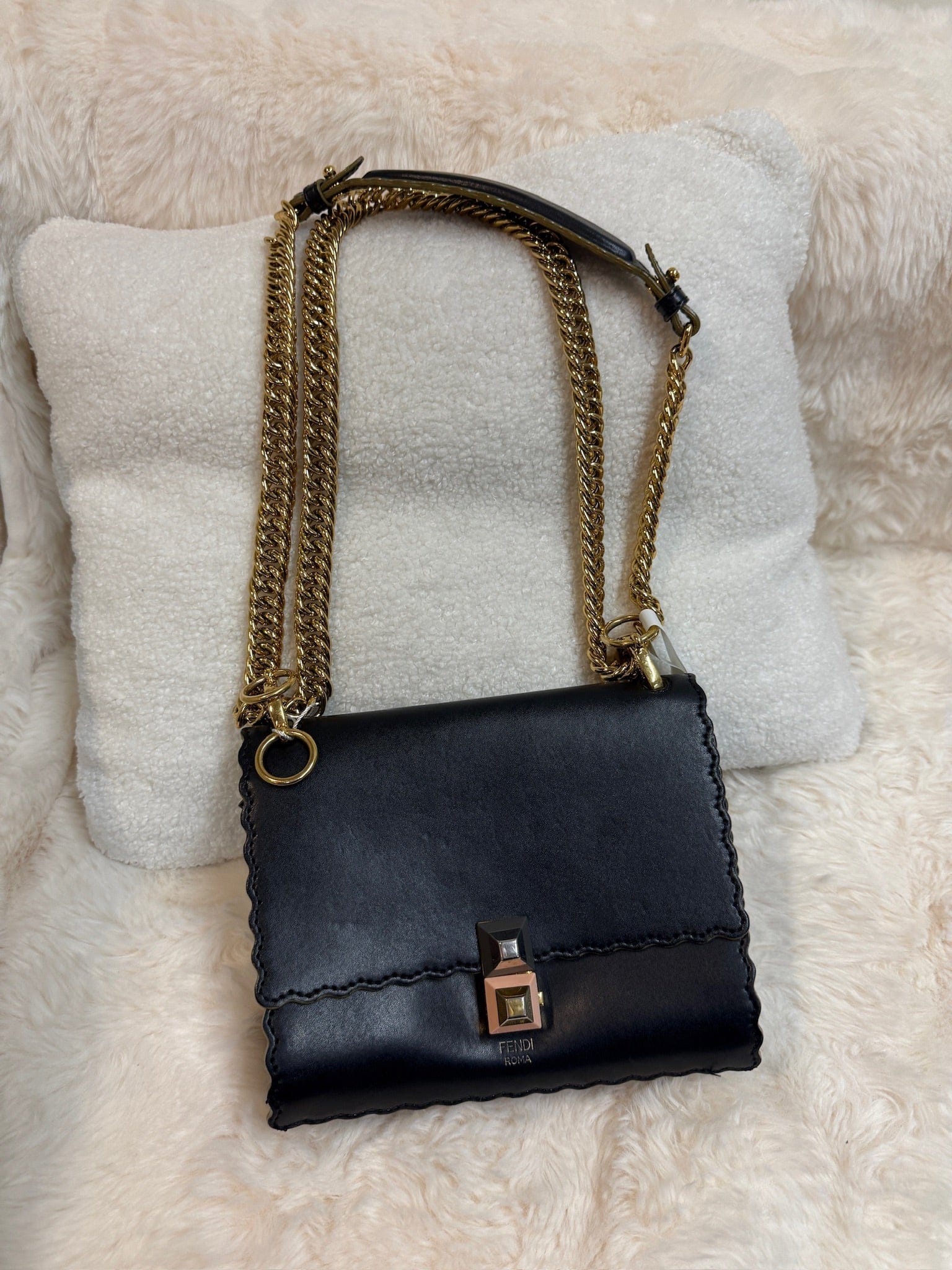 Fendi Kan I Leather Chain Bag – Black with Gold Hardware