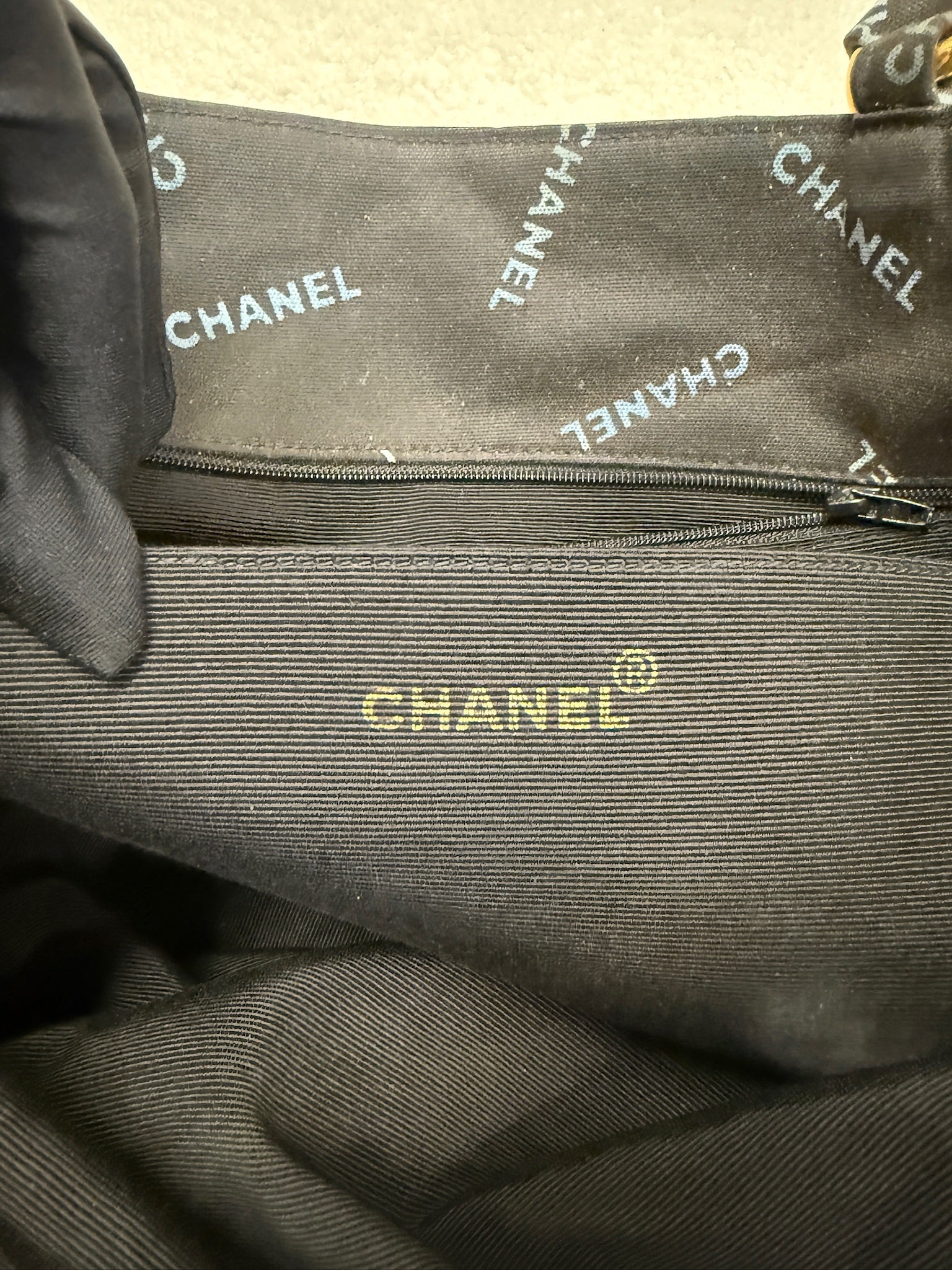Chanel Logo Print Fabric Chain Tote