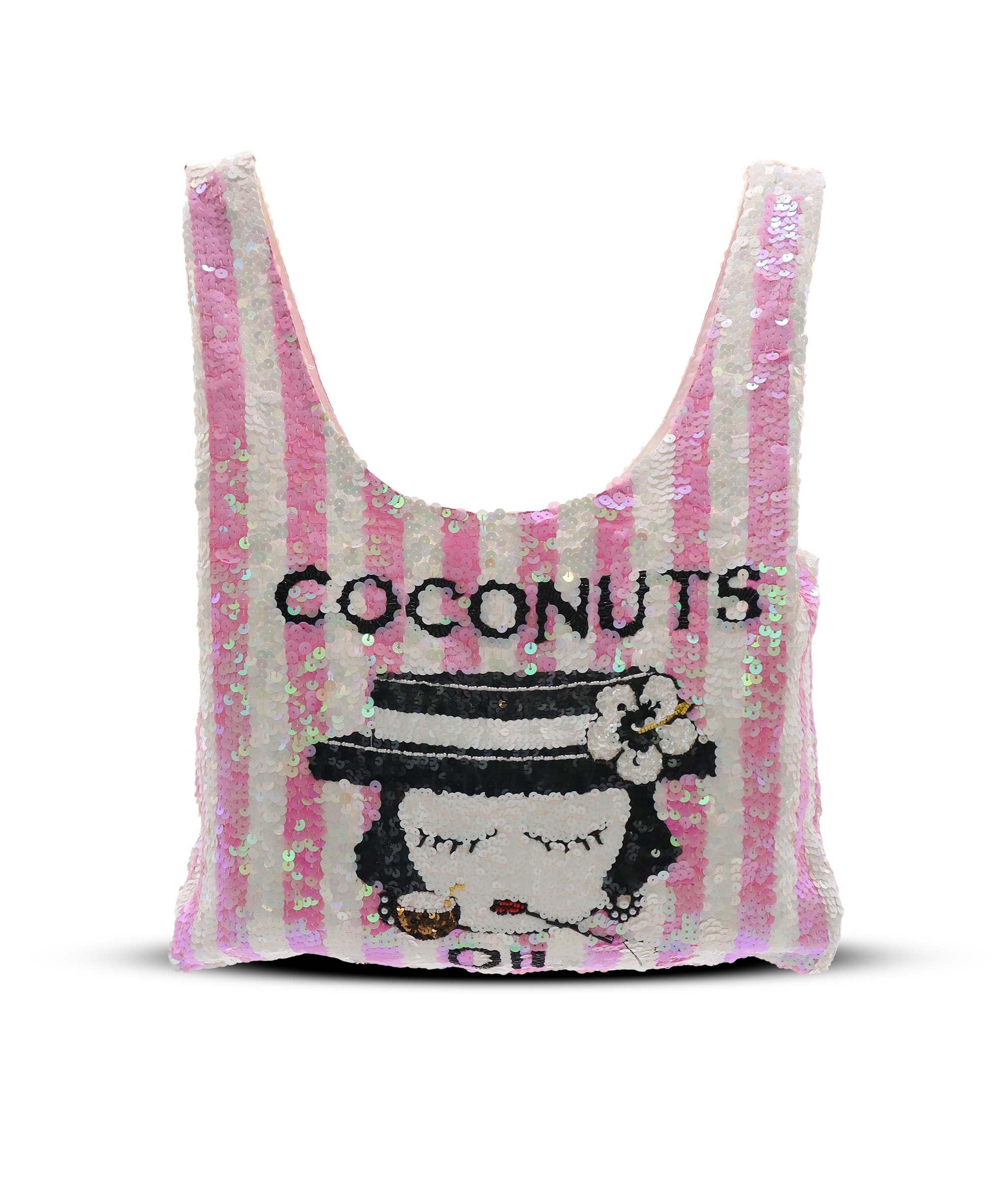 HOUSE OF MUA MUA Coconuts Tanning Oil For Perfect Tan Sequin Supermarket Bag PINK ASC7282