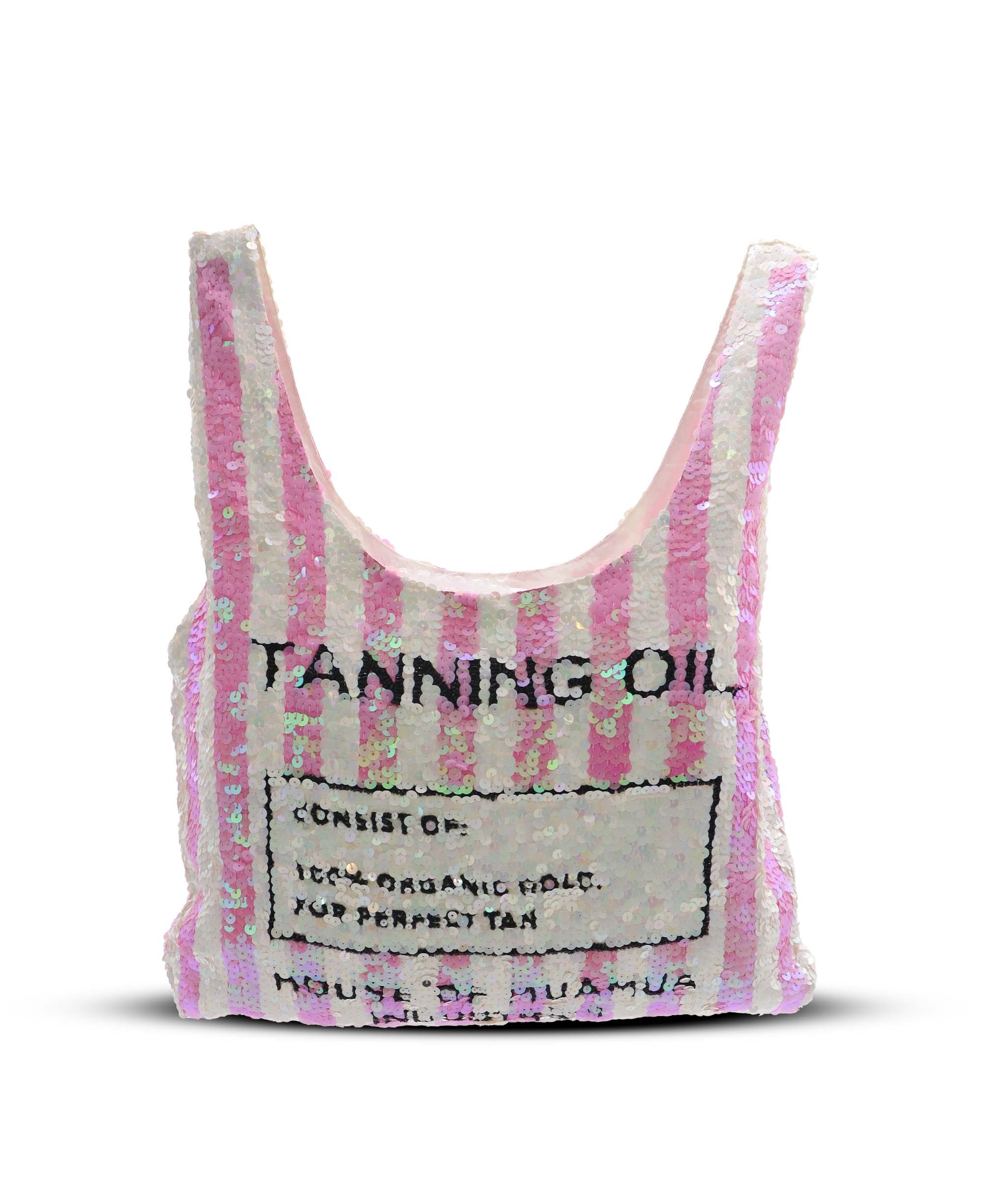 HOUSE OF MUA MUA Coconuts Tanning Oil For Perfect Tan Sequin Supermarket Bag PINK ASC7282