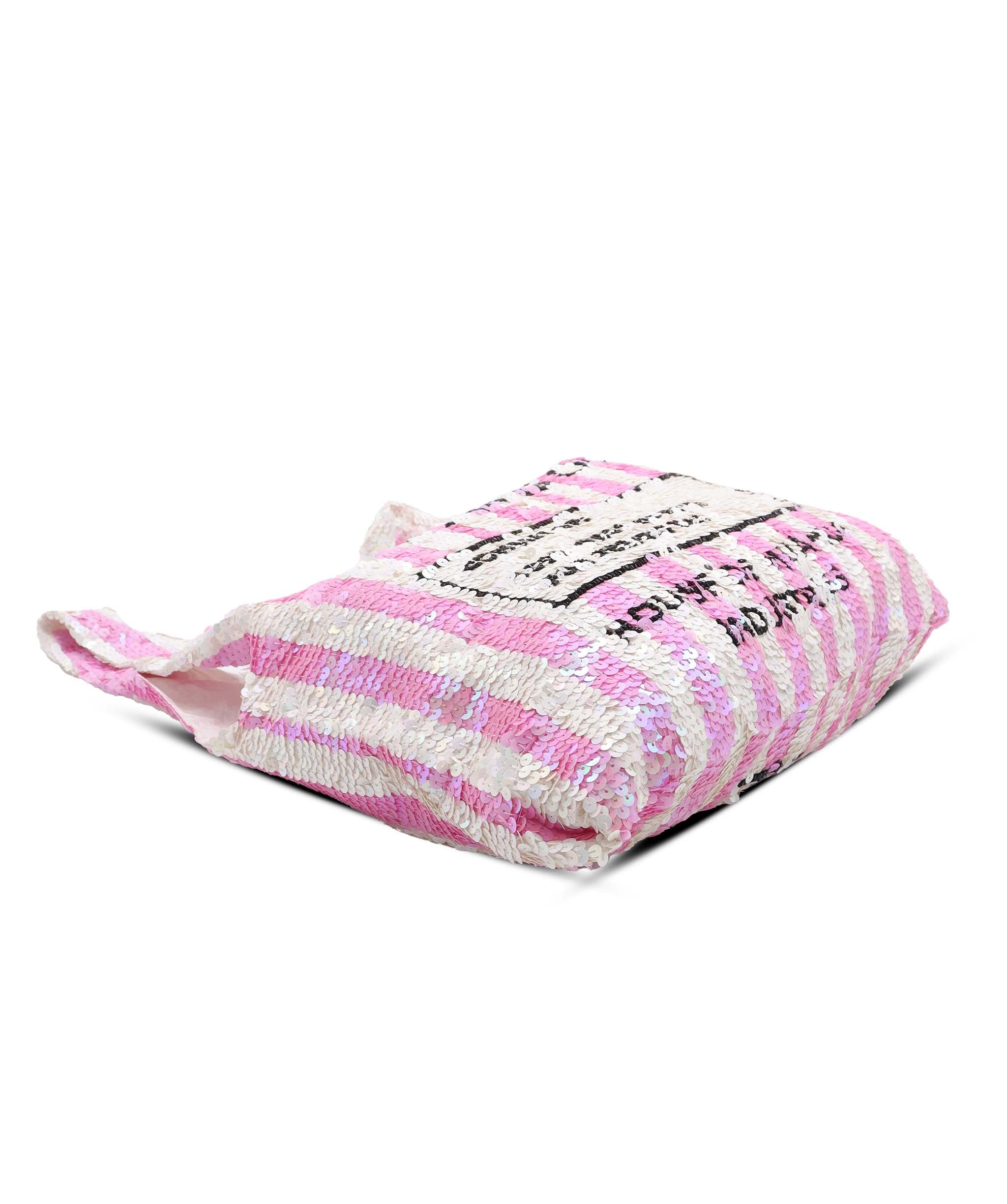 HOUSE OF MUA MUA Coconuts Tanning Oil For Perfect Tan Sequin Supermarket Bag PINK ASC7282