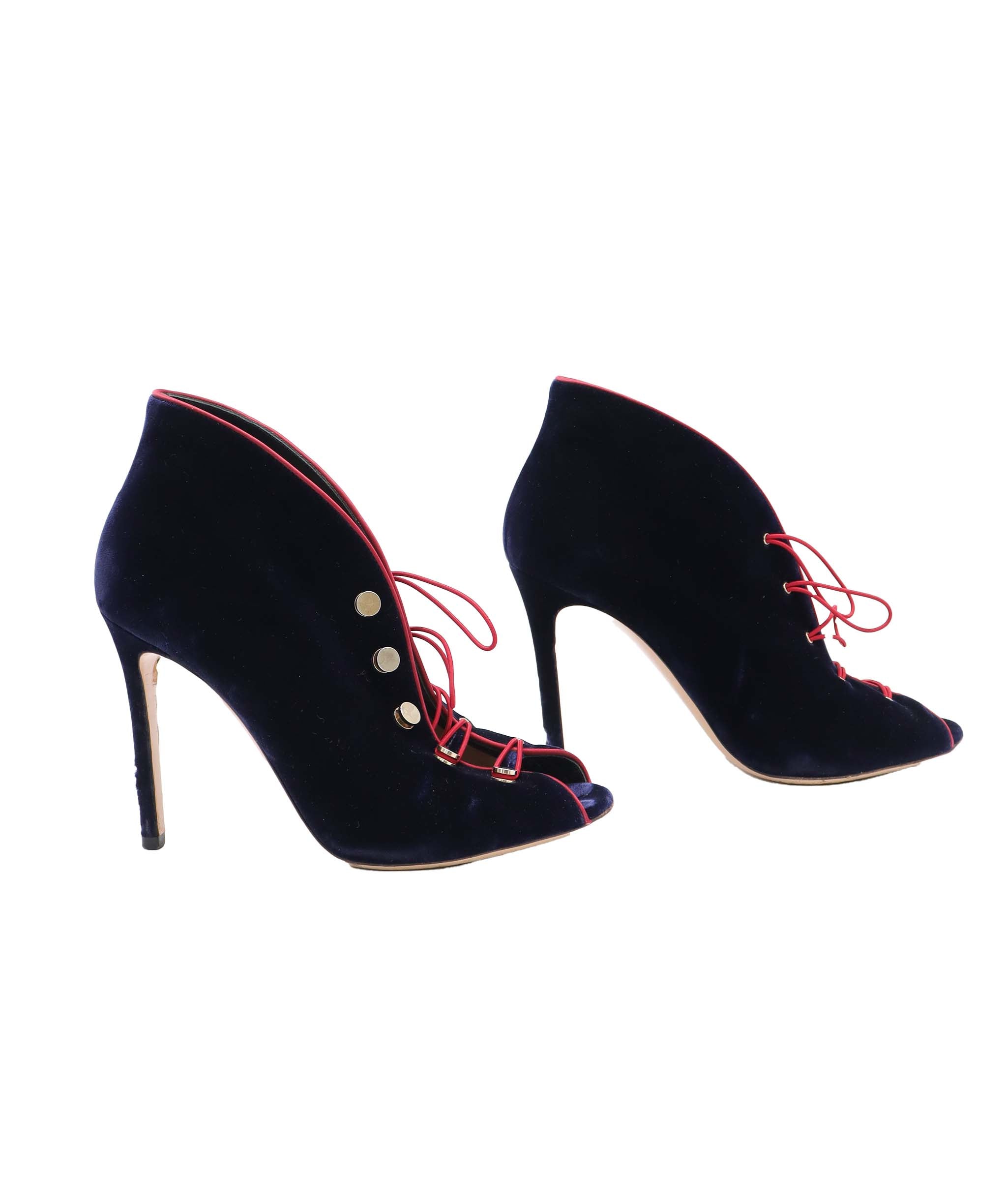 GIANVITO ROSSI MIRAL NAVY BLUE VELVET BOOTS NAVY BLUE - RED SATIN PIPING SIZE 38 1/2 ASC7300