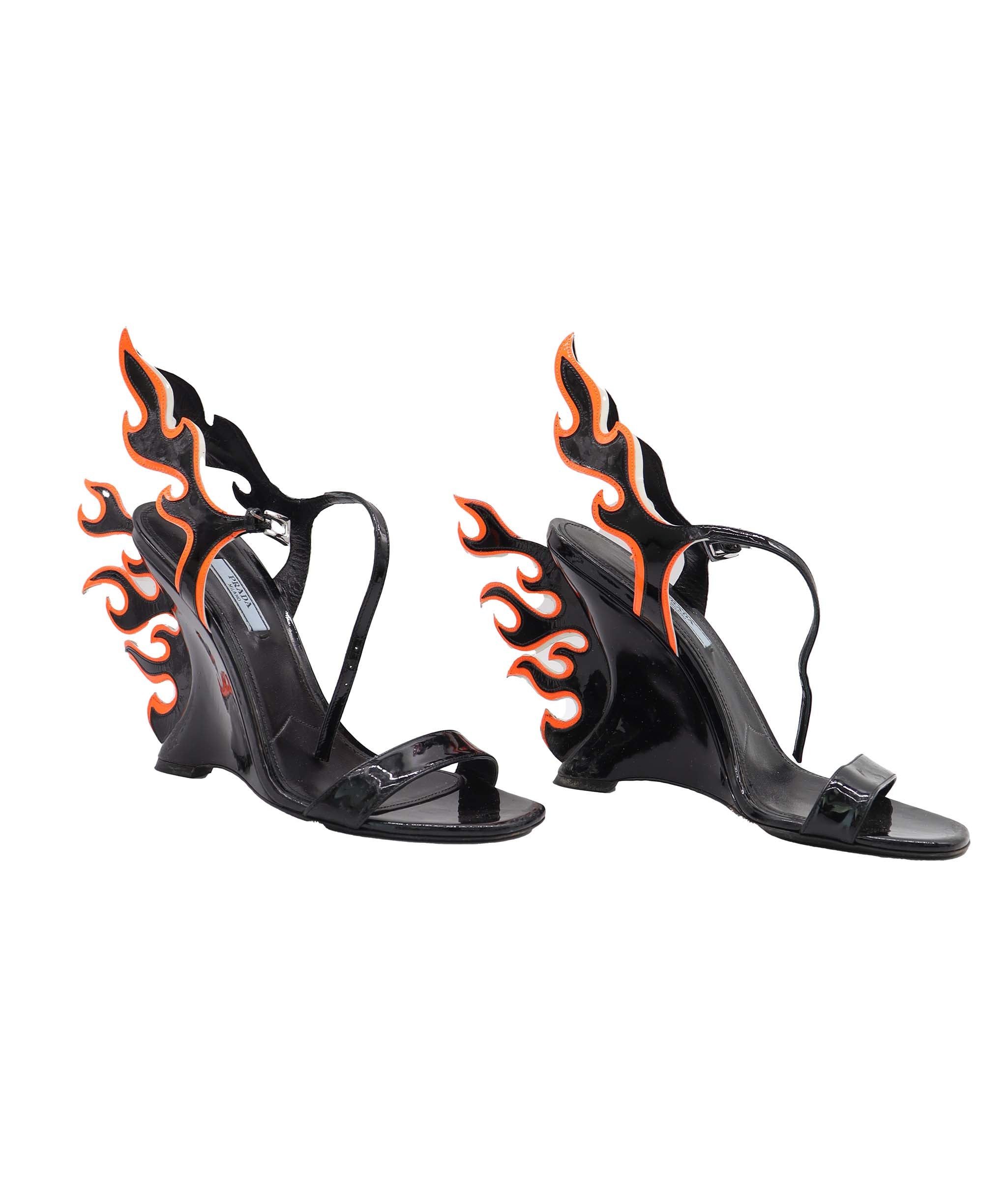 PRADA FLAME WEDGE SANDALS BLACK SIZE 38 1/2 ASC7304