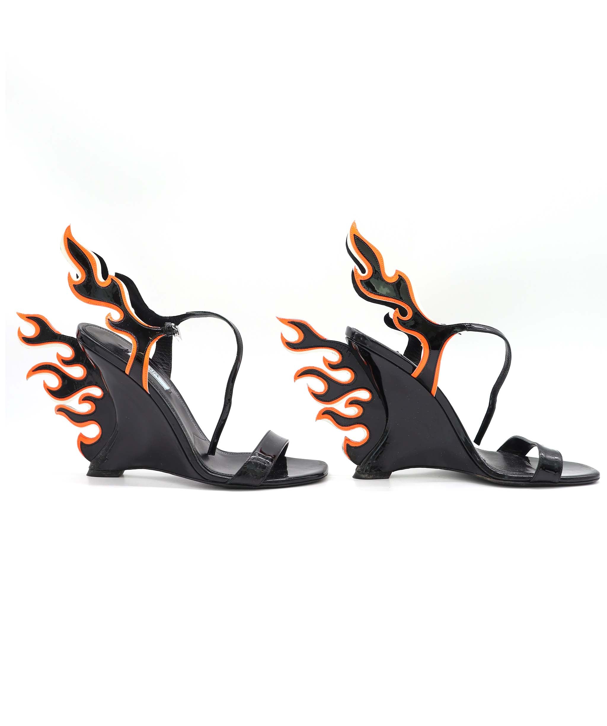 PRADA FLAME WEDGE SANDALS BLACK SIZE 38 1/2 ASC7304