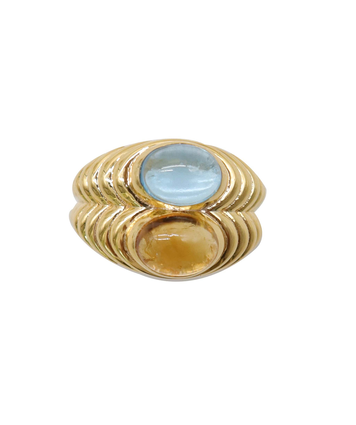 18K Yellow Gold 2ct Blue Topaz & 2ct Citrine Bypass Cocktail Ring