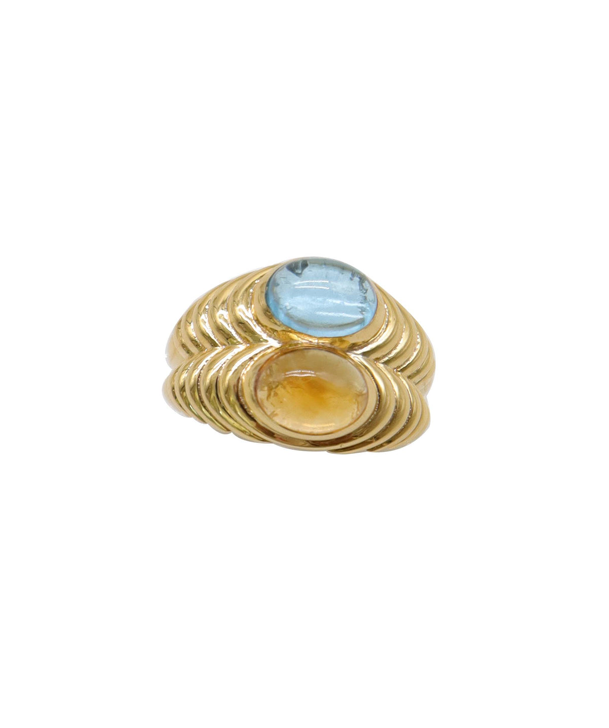 18K Yellow Gold 2ct Blue Topaz & 2ct Citrine Bypass Cocktail Ring