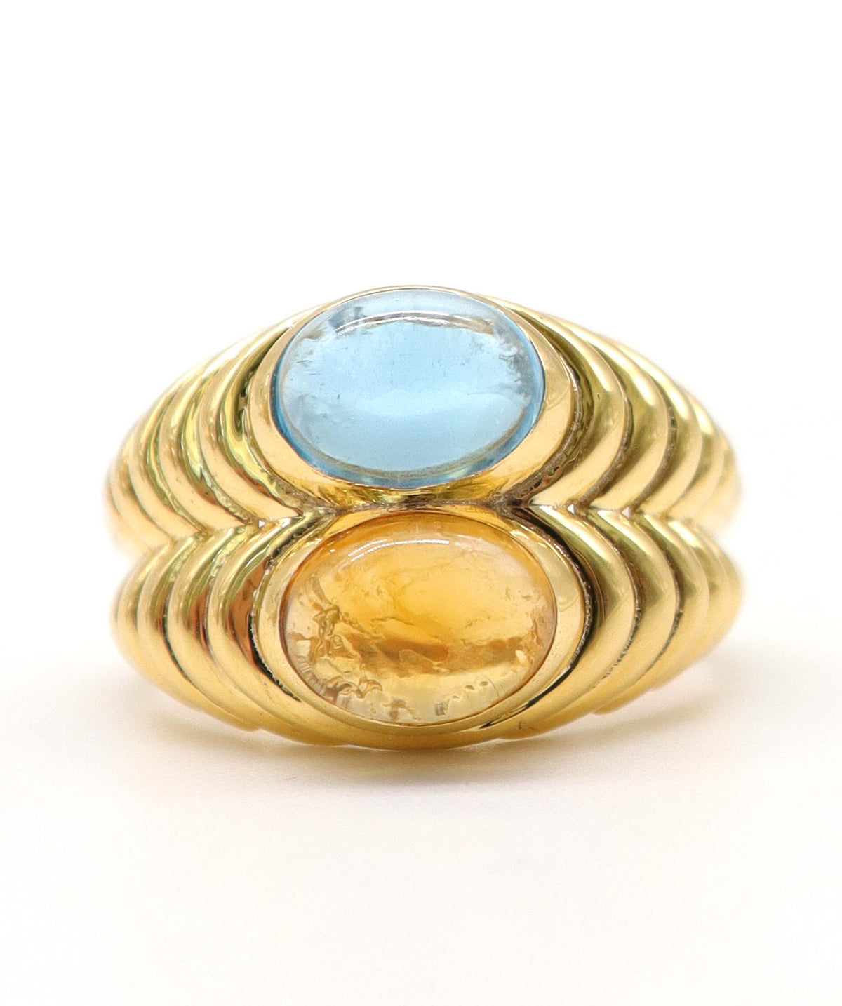 18K Yellow Gold 2ct Blue Topaz & 2ct Citrine Bypass Cocktail Ring