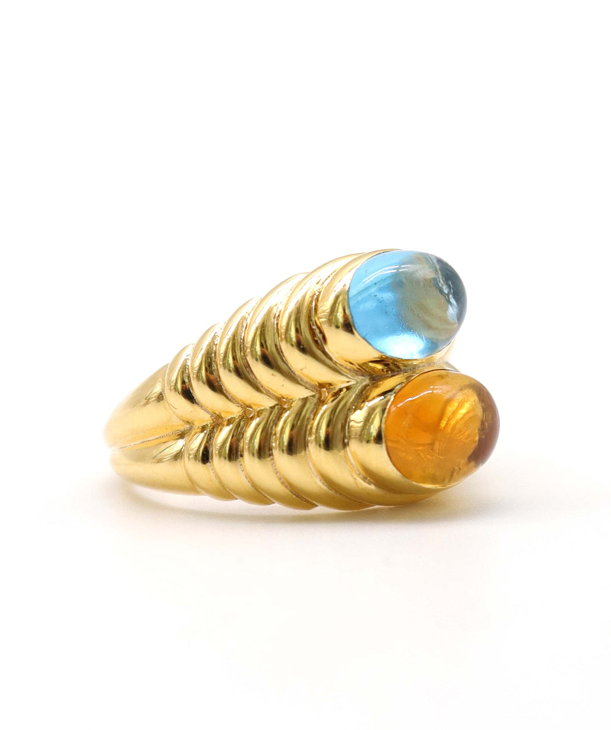 18K Yellow Gold 2ct Blue Topaz & 2ct Citrine Bypass Cocktail Ring