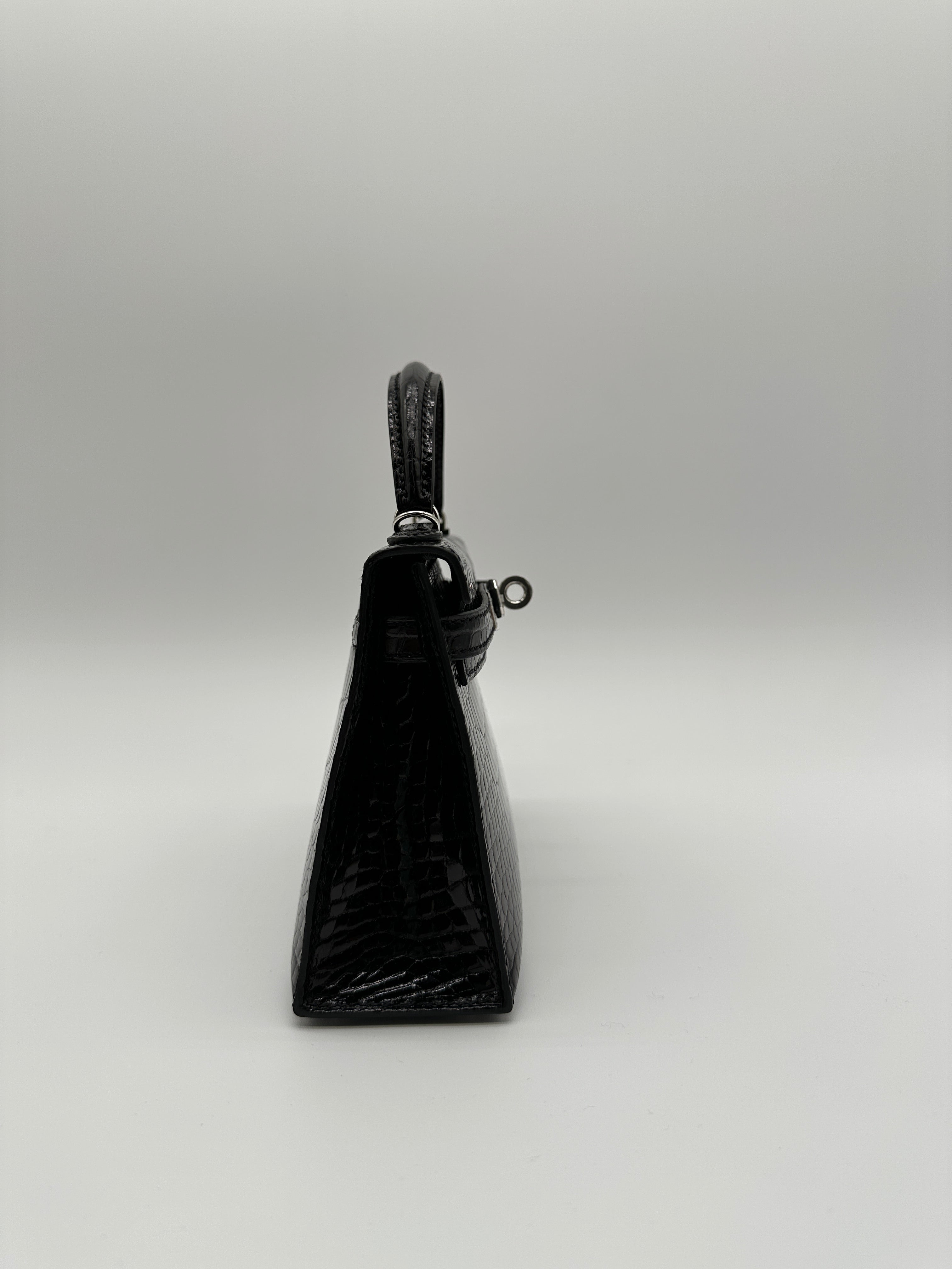 Hermès Mini Kelly Black Shiny Alligator Palladium Hardware