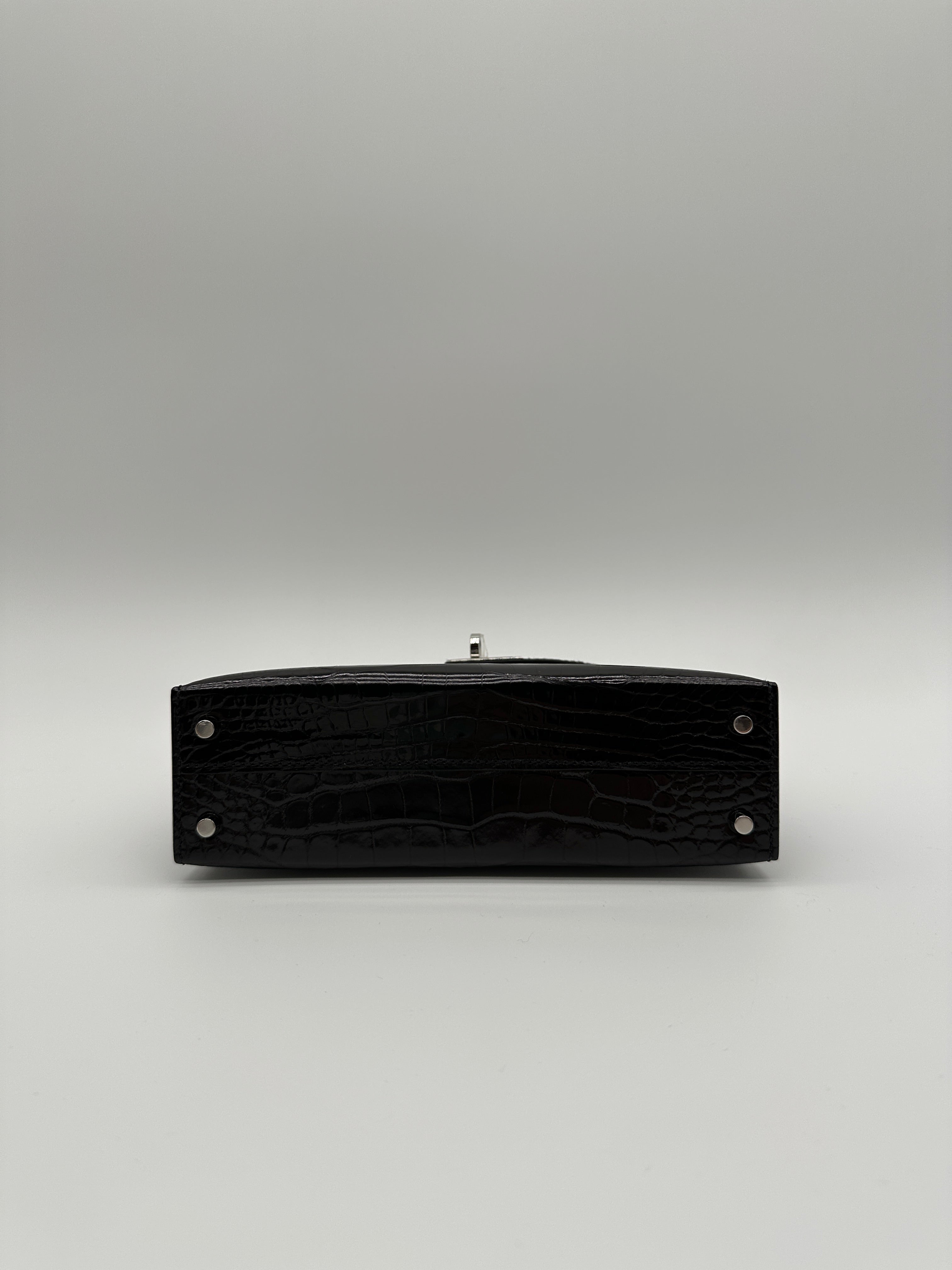 Hermès Mini Kelly Black Shiny Alligator Palladium Hardware
