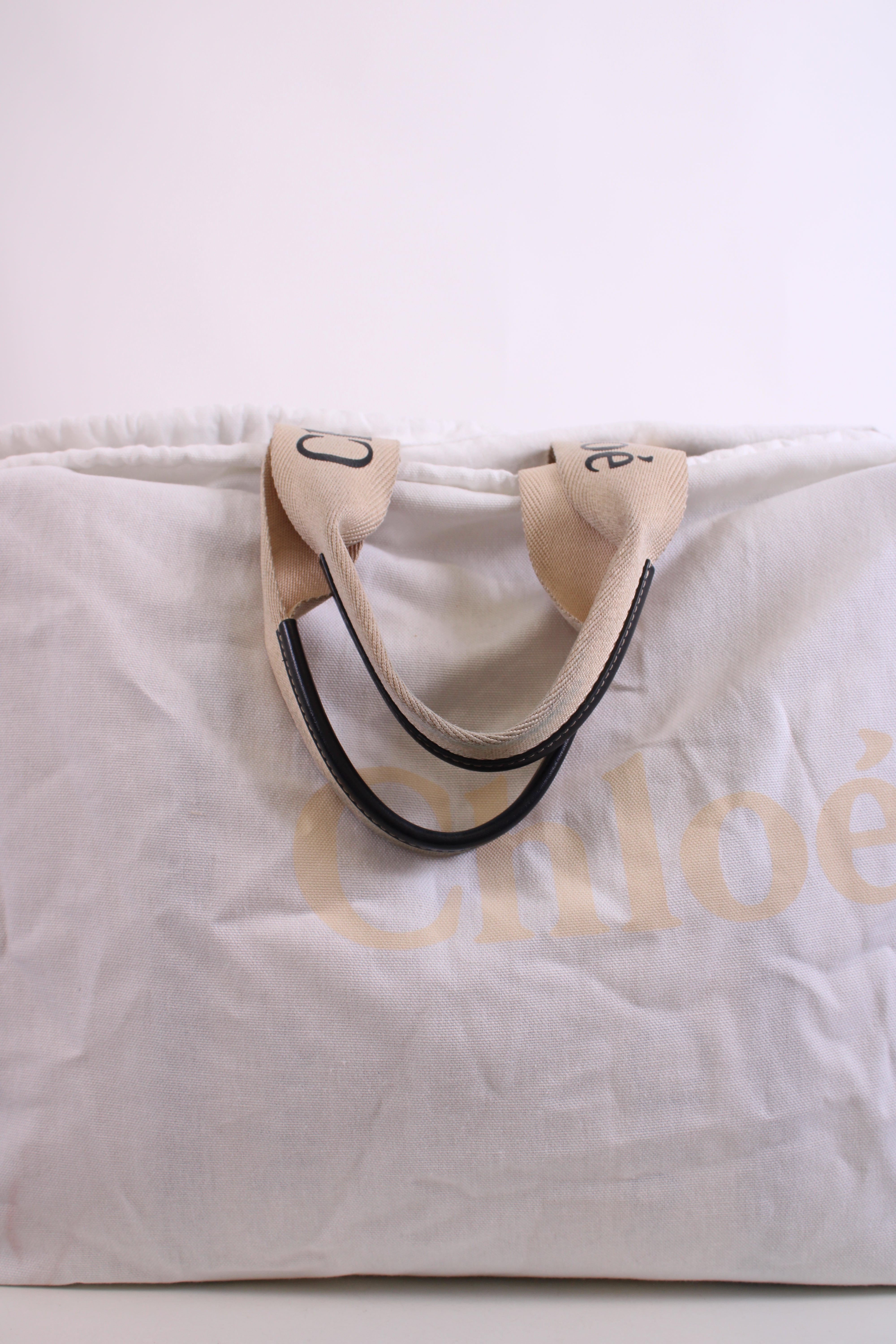 Chloe Woody Logo Canvas Tote Bag Beige Large