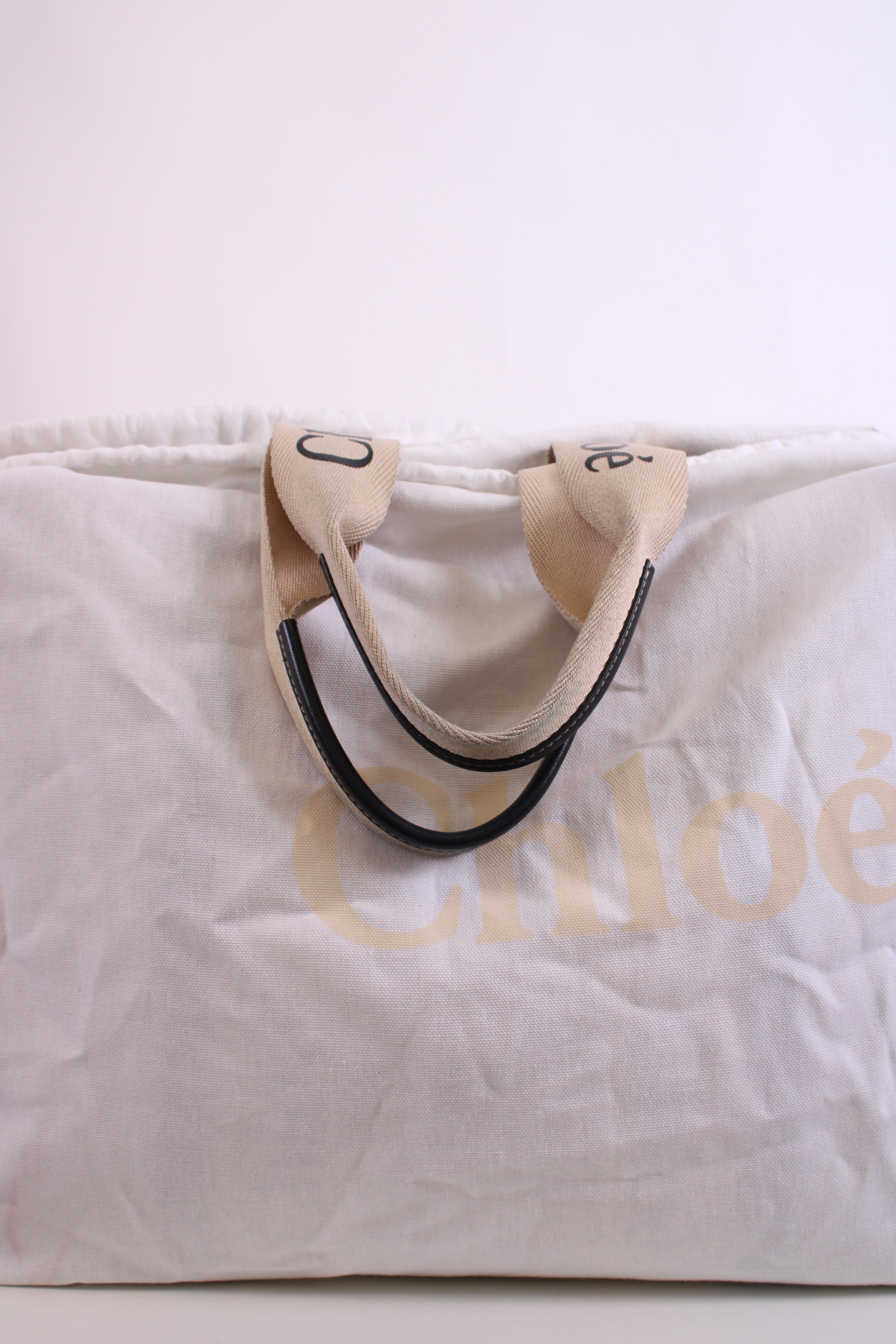 Chloe Chloe Woody Logo Canvas Tote Bag Beige Large