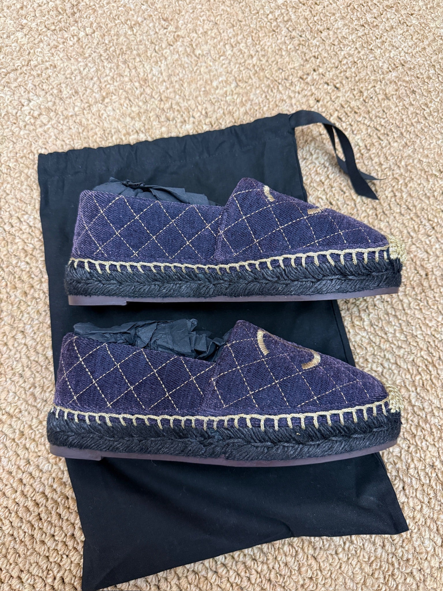 EU36-Chanel Quilted Velvet Espadrilles – NEW