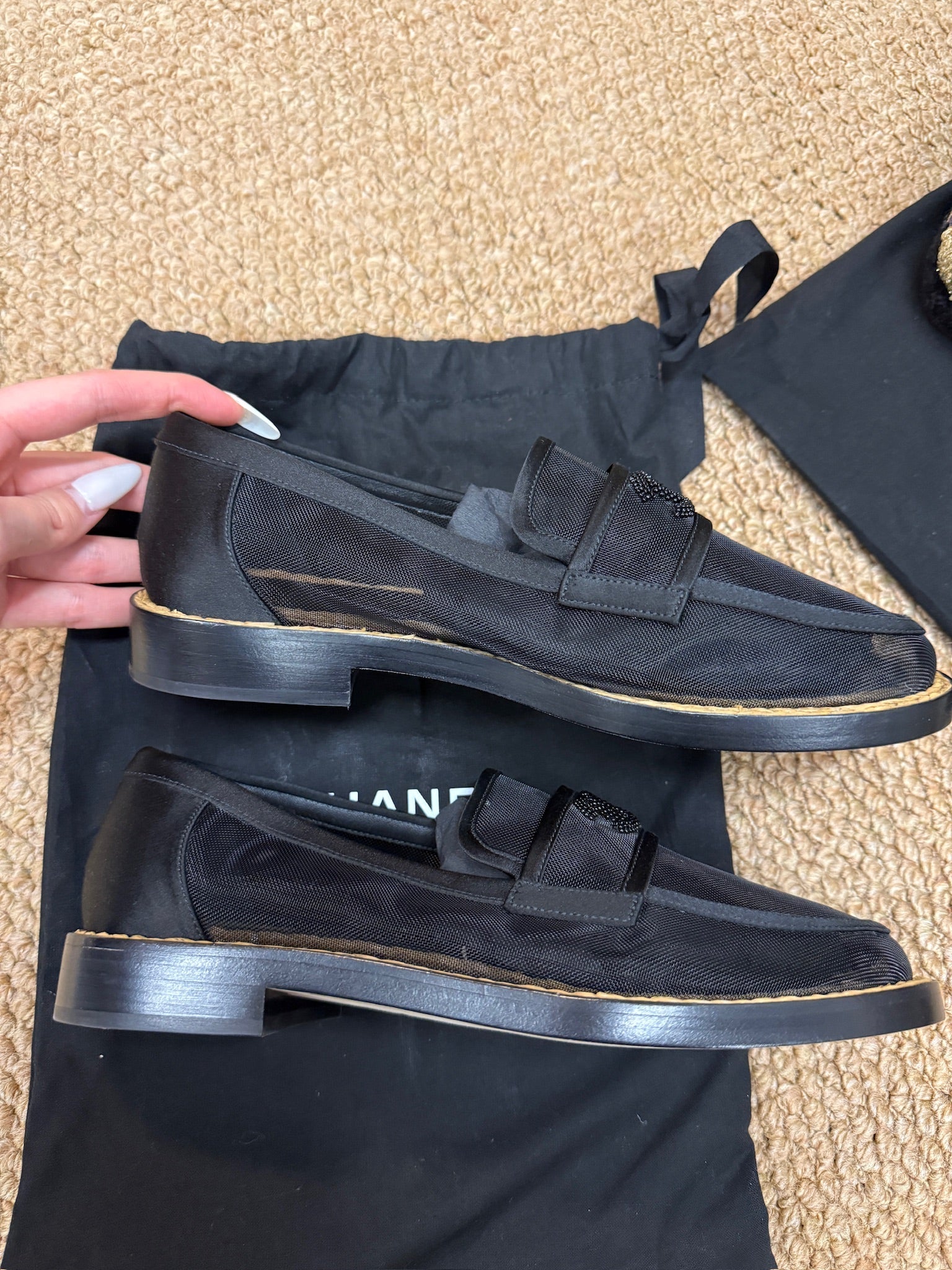 EU36.5-Chanel Black Mesh CC Loafers – NEW