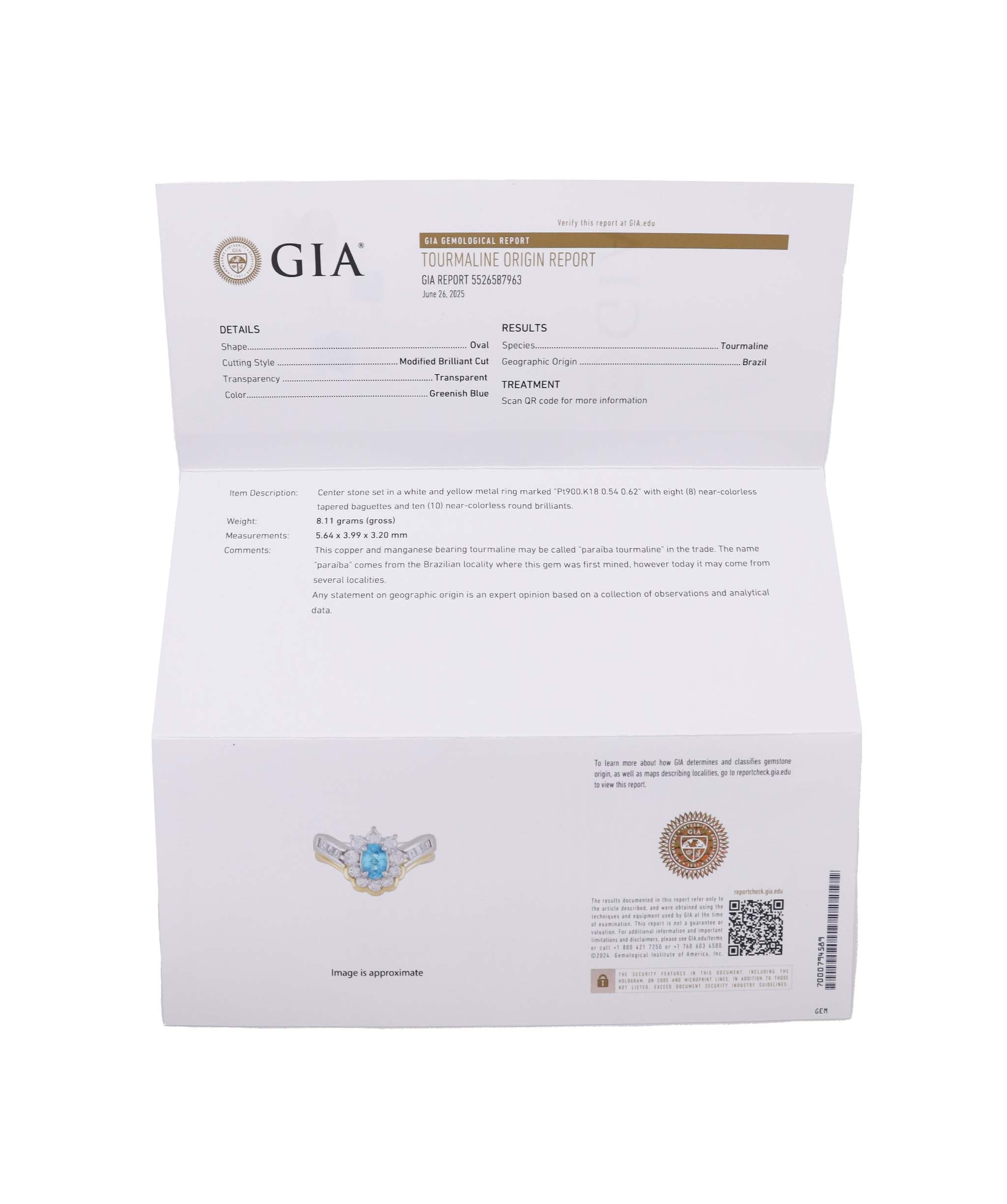 GIA Brazilian Paraiba Ring in Pt900/18K, P0.54ct D0.62ct (5.5us) 3162 JJC0506 DXBS6418