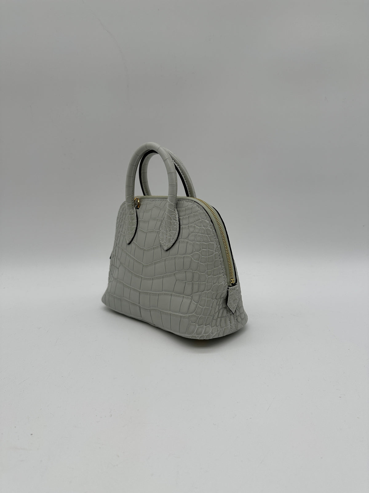 Hermès Mini Bolide Gris Neve Matte Alligator Gold Hardware