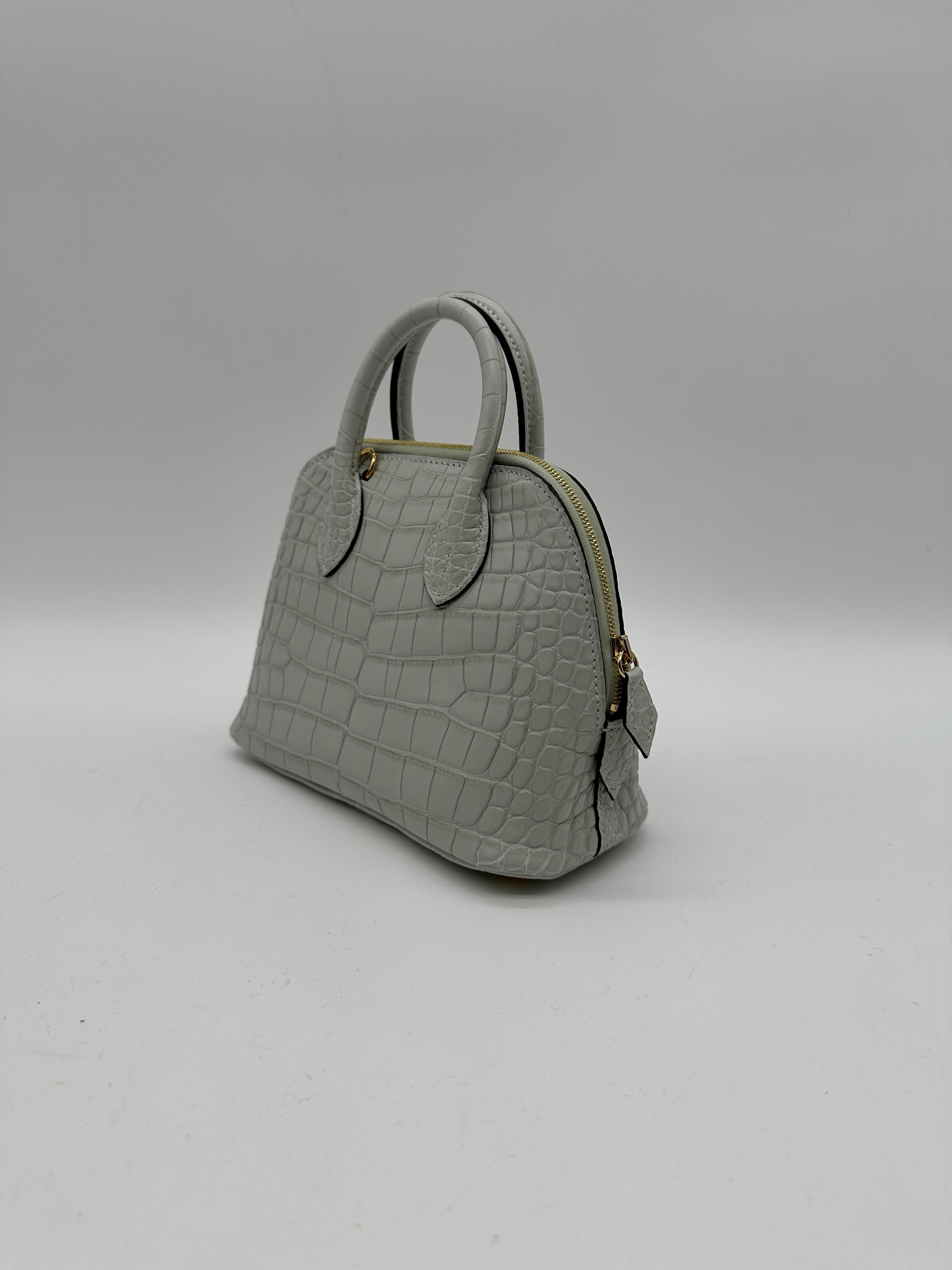 Hermès Mini Bolide Gris Neve Matte Alligator Gold Hardware