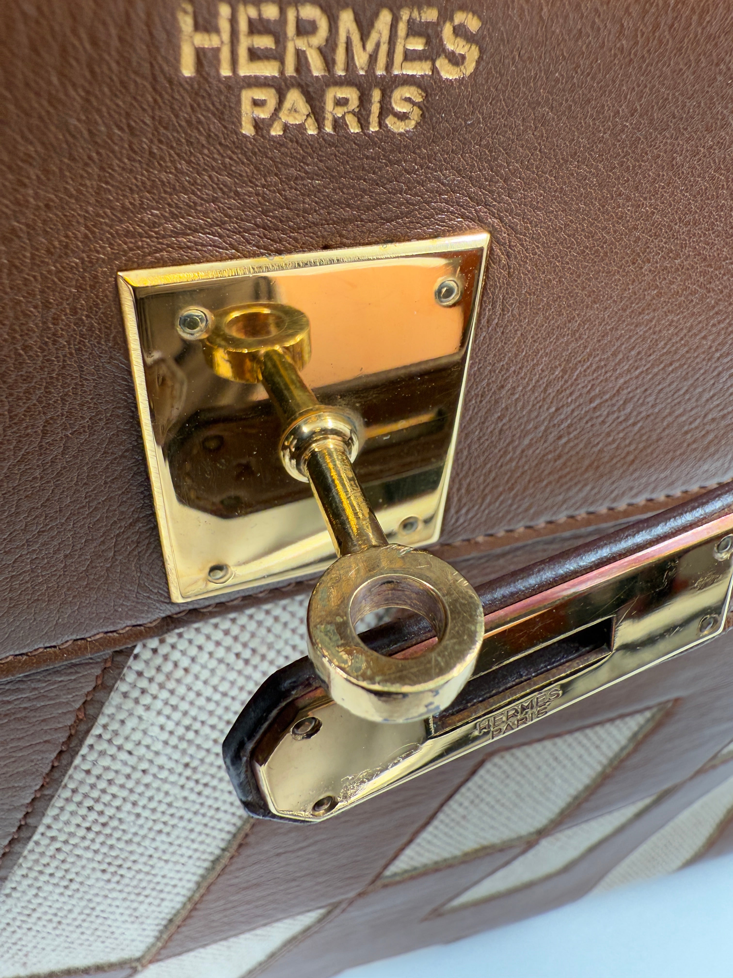 *LONDON LOCATED* VINTAGE HERMÈS KELLY 32CM "ULYSSE" GOLD Gulliver & Toile with Gold Hardware