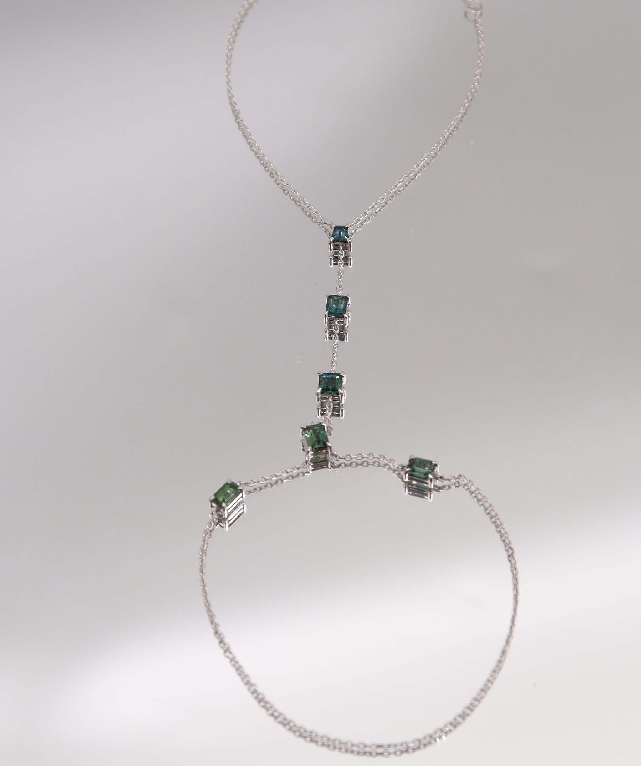 2.38CT NATURAL UNHEATED TEALGREEN SAPPHIRES HAND CHAIN (6 PCS 18K WG) MS 8994