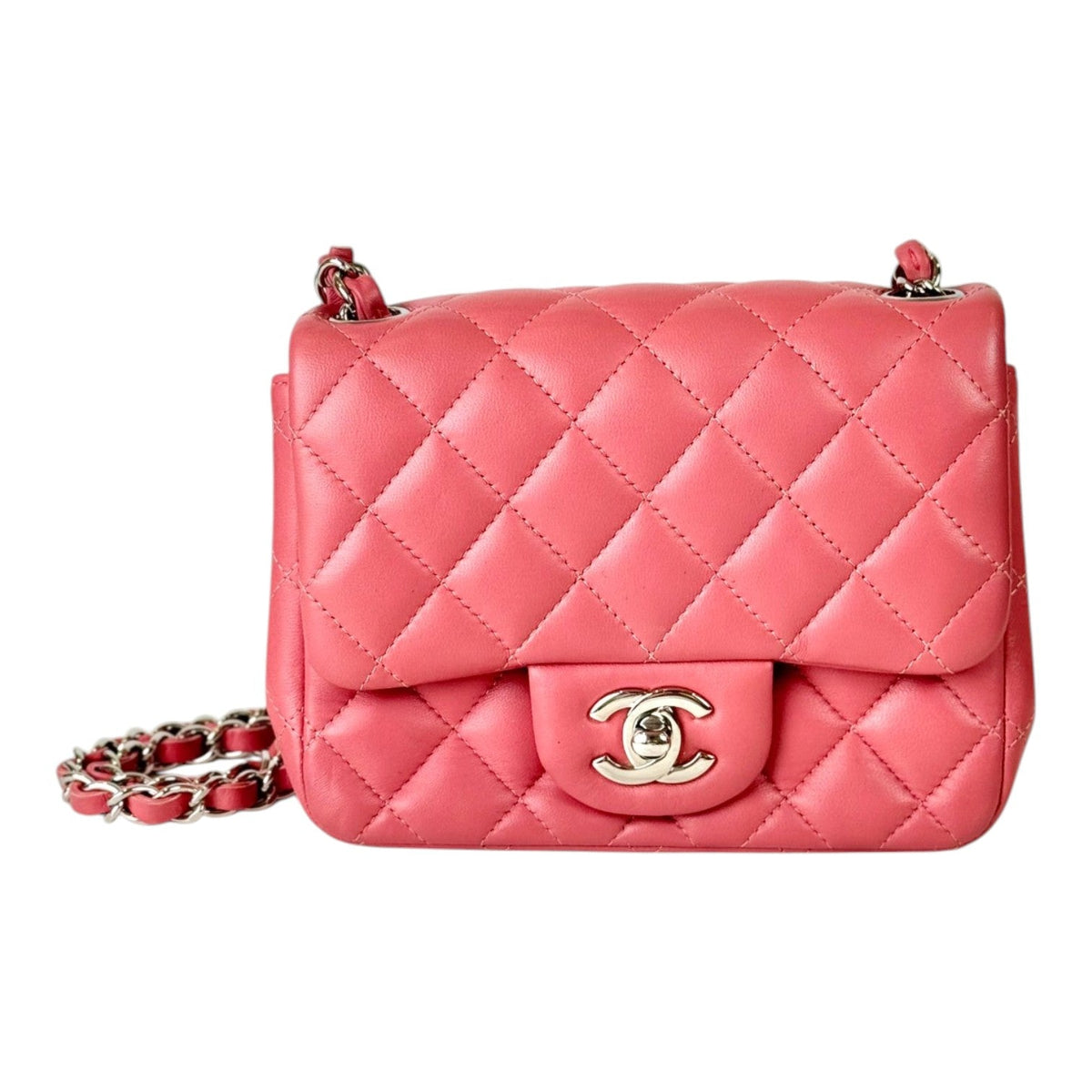 Chanel Pink Mini Square Classic Flap Bag - Full Set