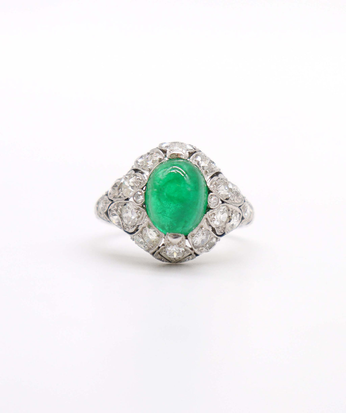 French Antique Columbian Cabochon Emerald and Diamond Bombe Ring WA24273
