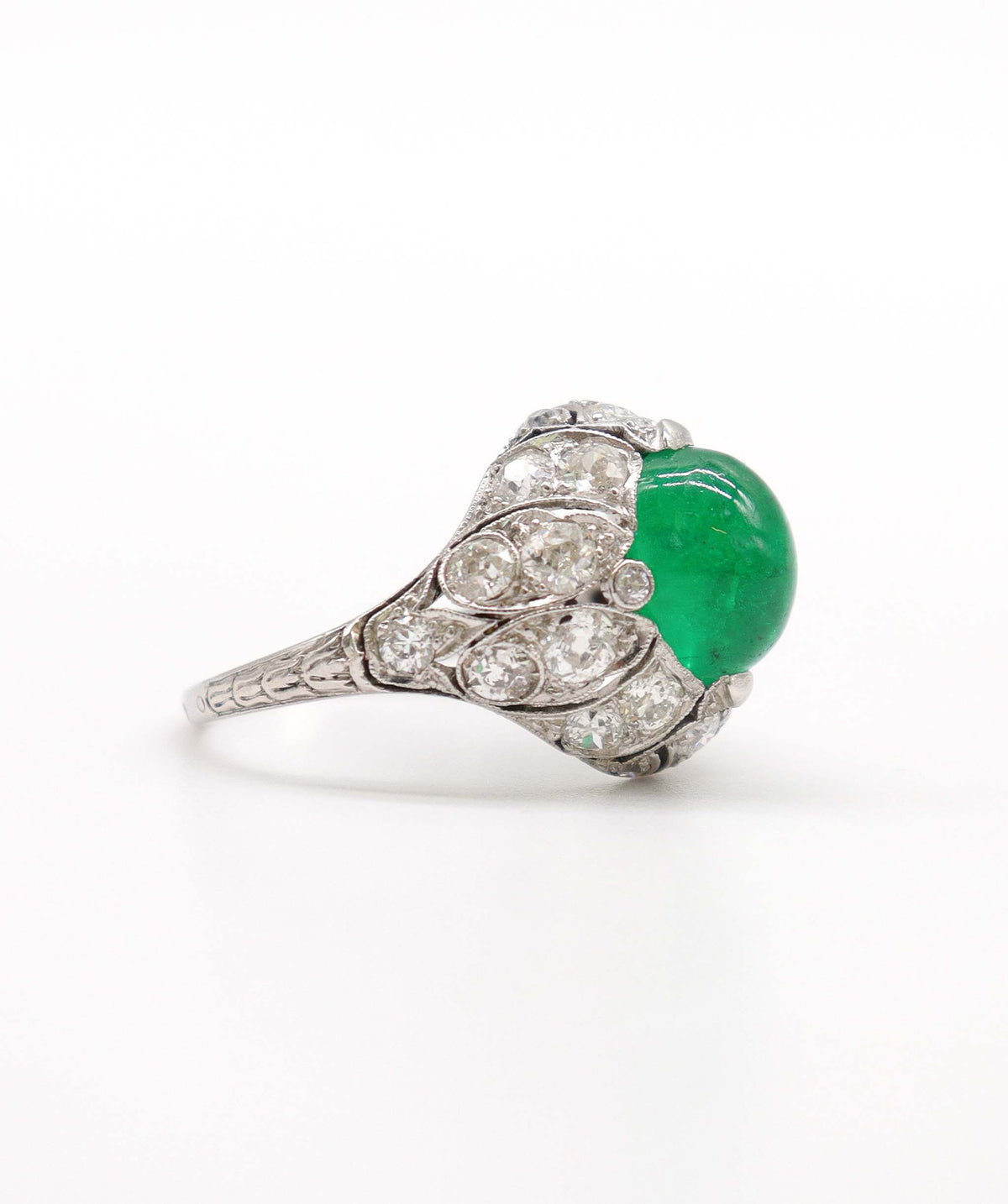 French Antique Columbian Cabochon Emerald and Diamond Bombe Ring WA24273