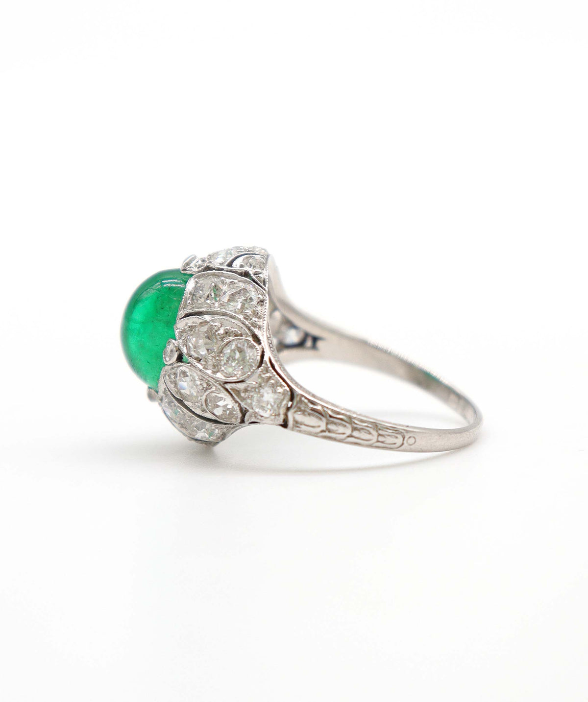 French Antique Columbian Cabochon Emerald and Diamond Bombe Ring WA24273