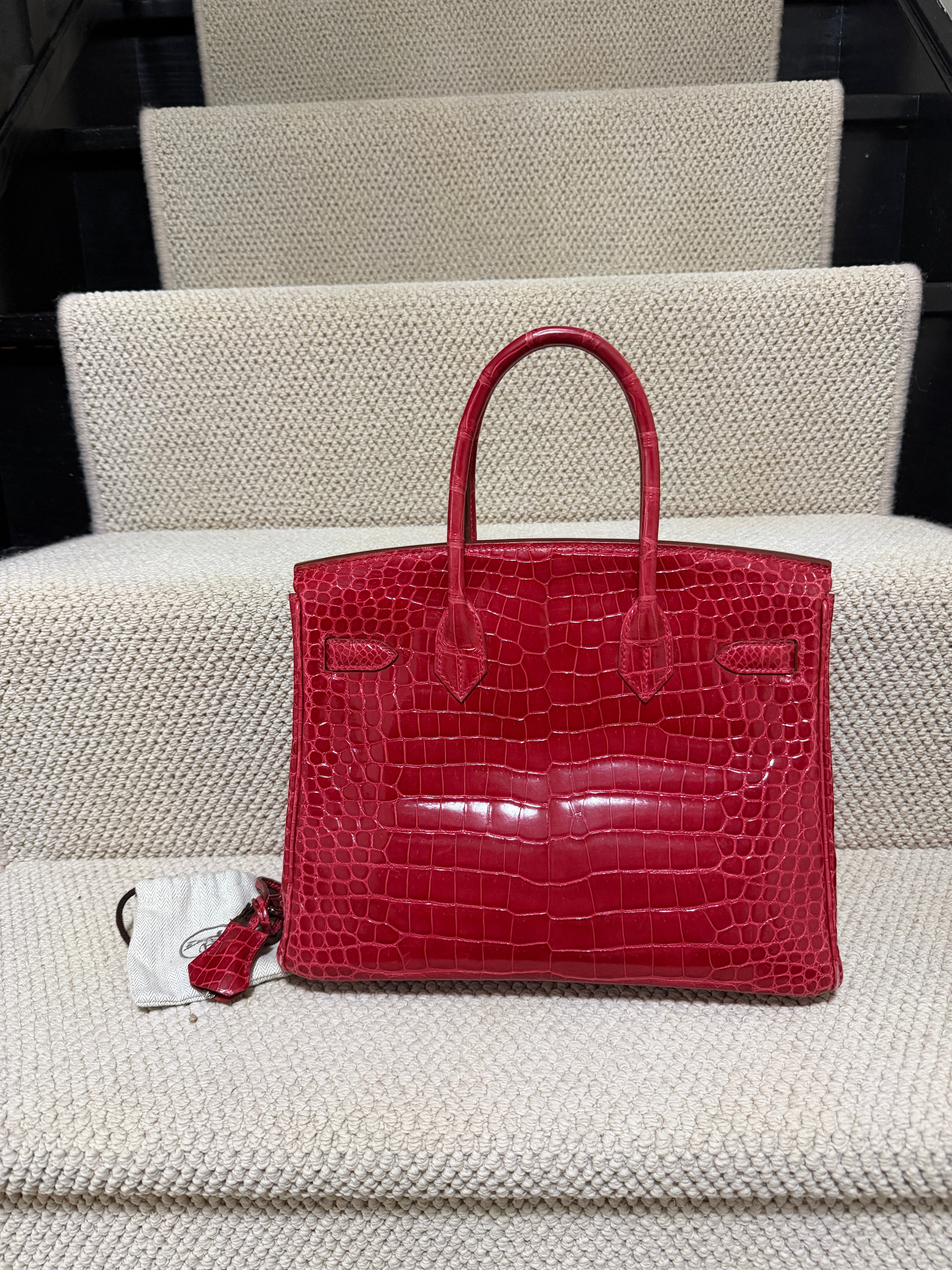 Hermès Birkin 30 – Shiny crocodile – Bougainviller– Square M (2009) – Palladium Hardware