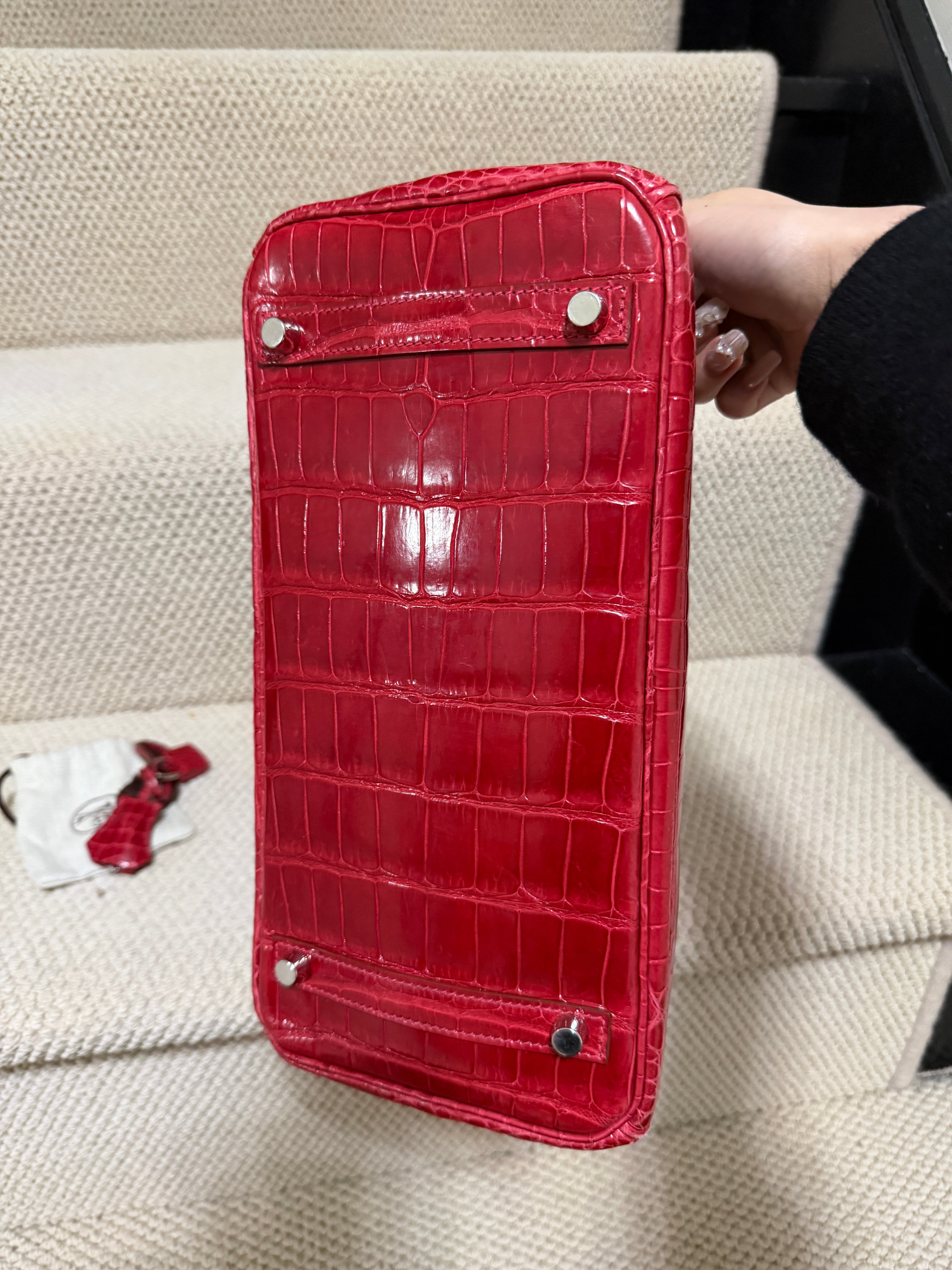 Hermès Birkin 30 – Shiny crocodile – Bougainviller– Square M (2009) – Palladium Hardware