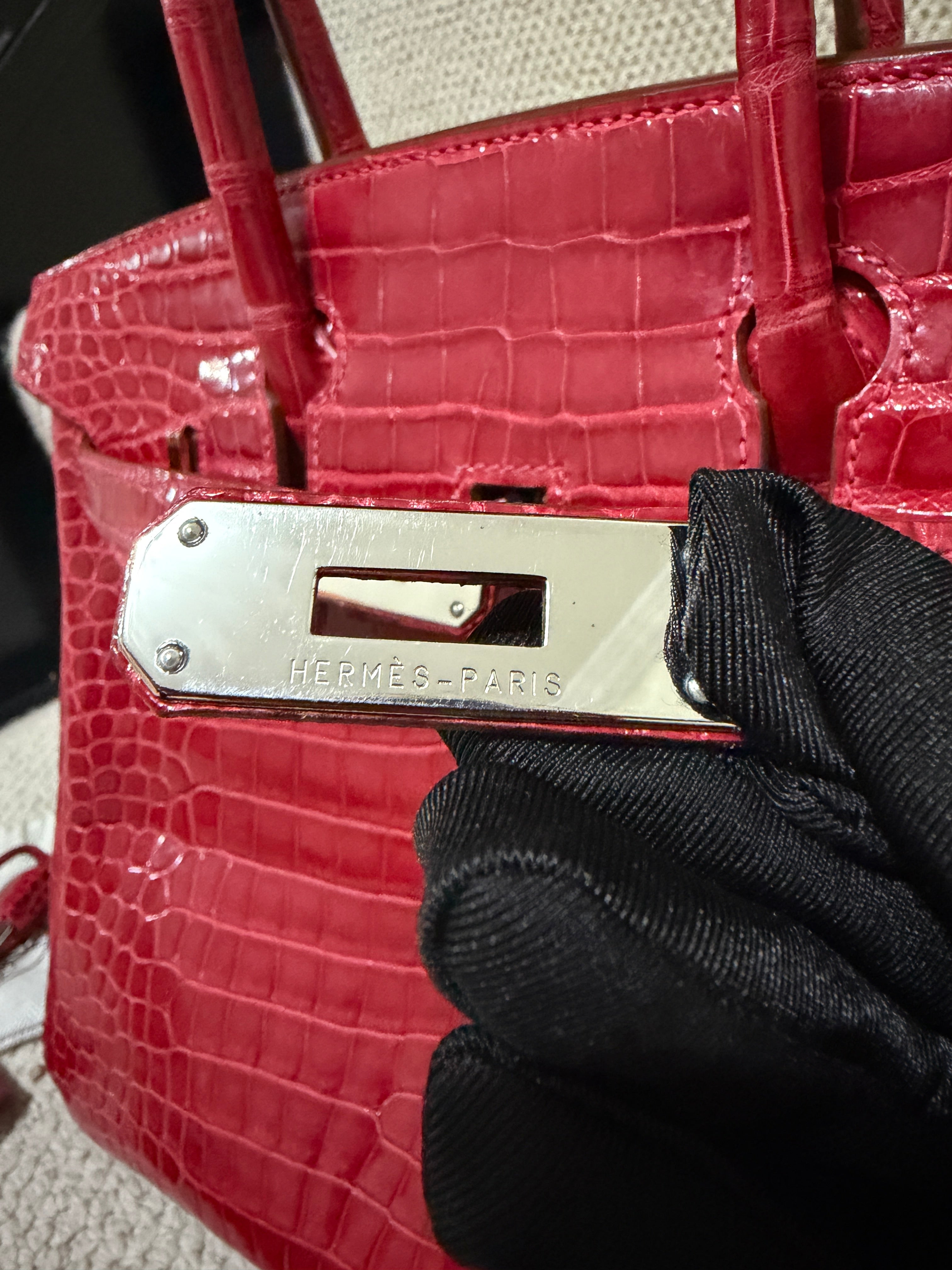 Hermès Birkin 30 – Shiny crocodile – Bougainviller– Square M (2009) – Palladium Hardware