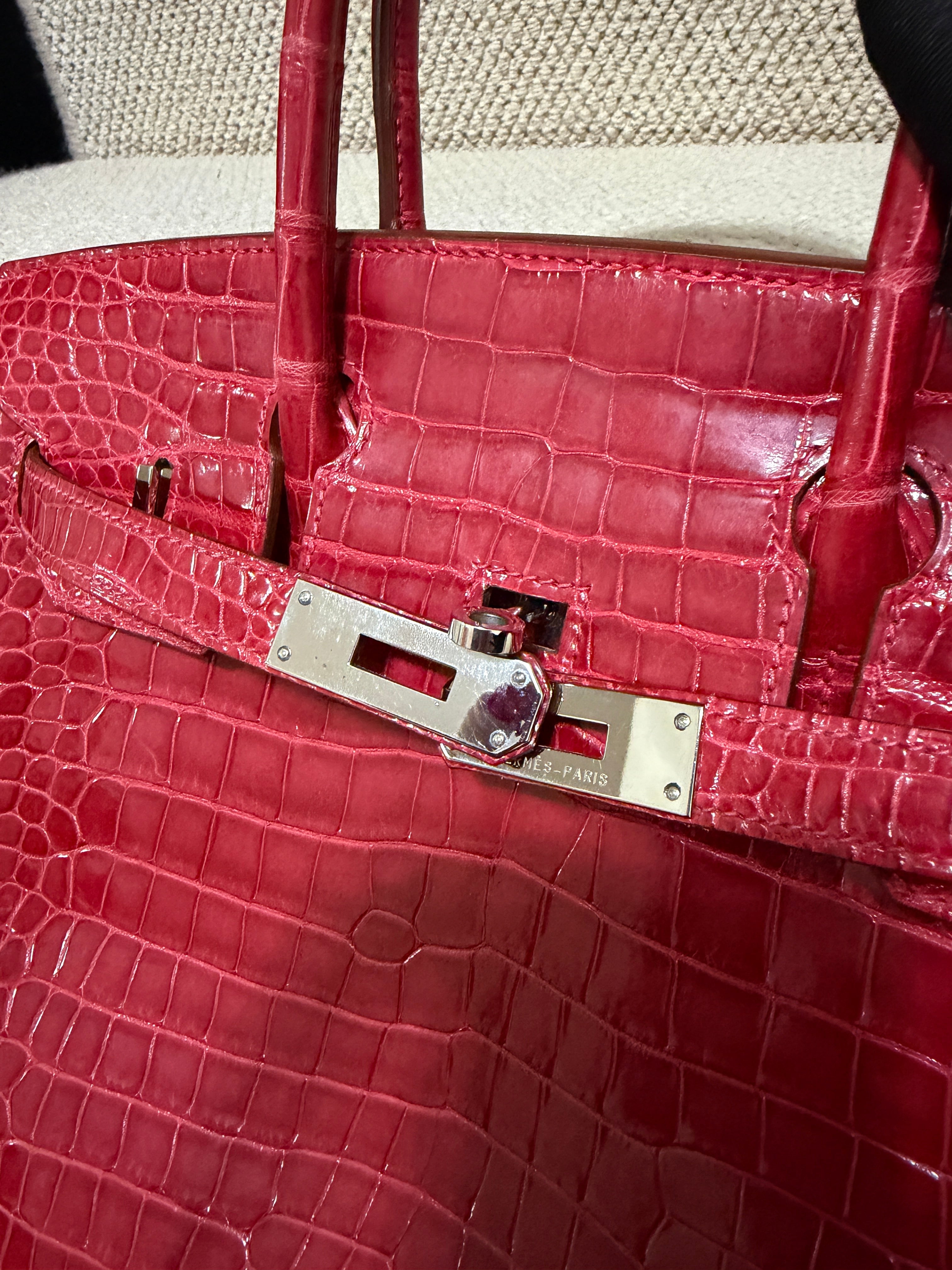 Hermès Birkin 30 – Shiny crocodile – Bougainviller– Square M (2009) – Palladium Hardware